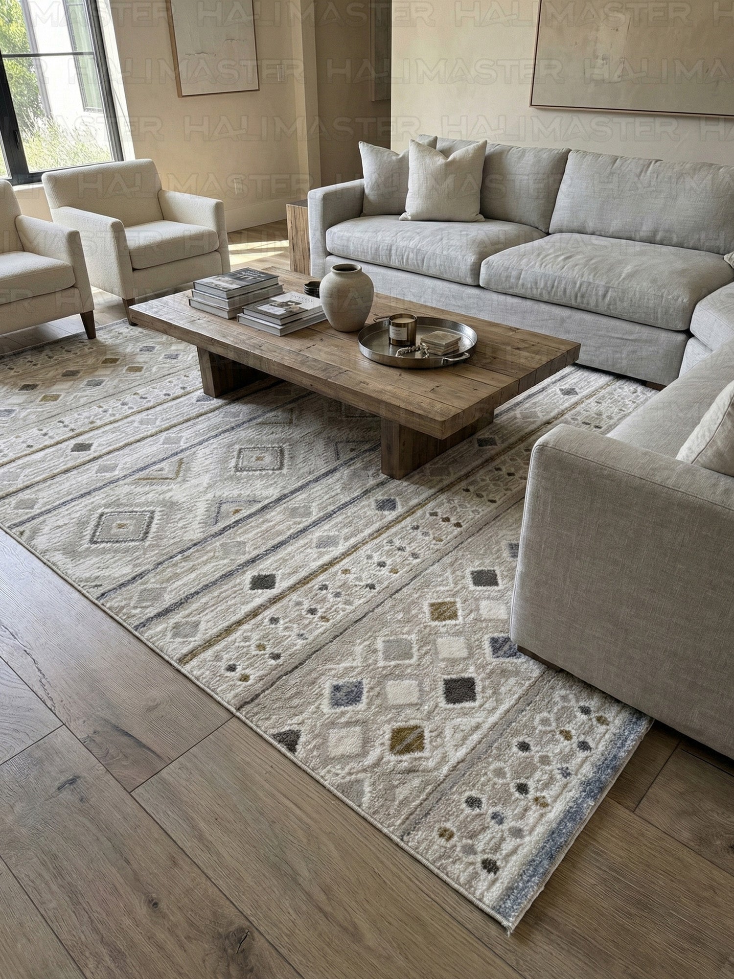 Akrilik Krem Bej Geometrik Desenli Modern Salon & Antre Halısı | Özel Ölçü