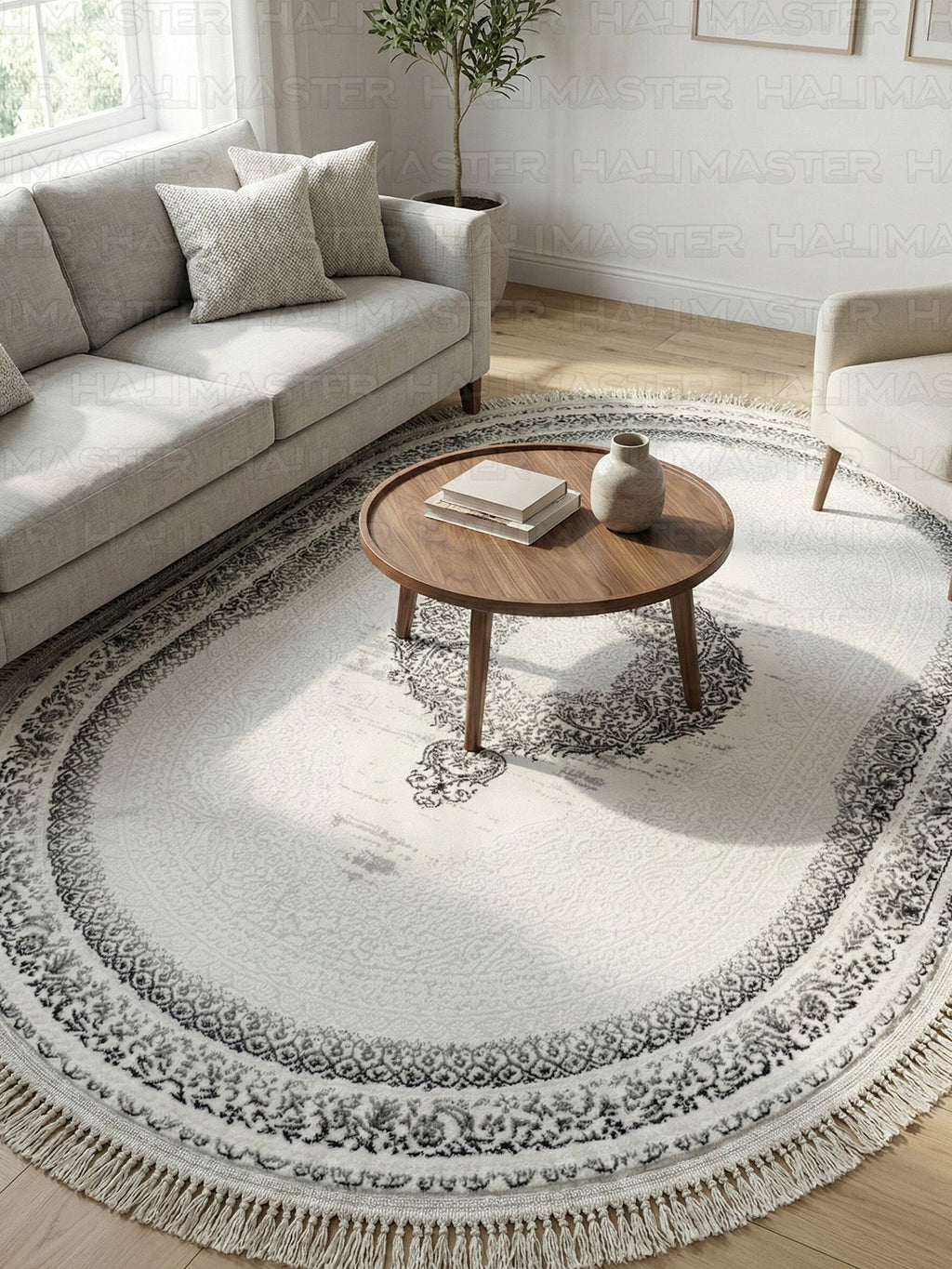 Oval Saçaklı Klasik Desenli Halı - Beyaz ve Gri Eskitme Detaylı Salon Halısı