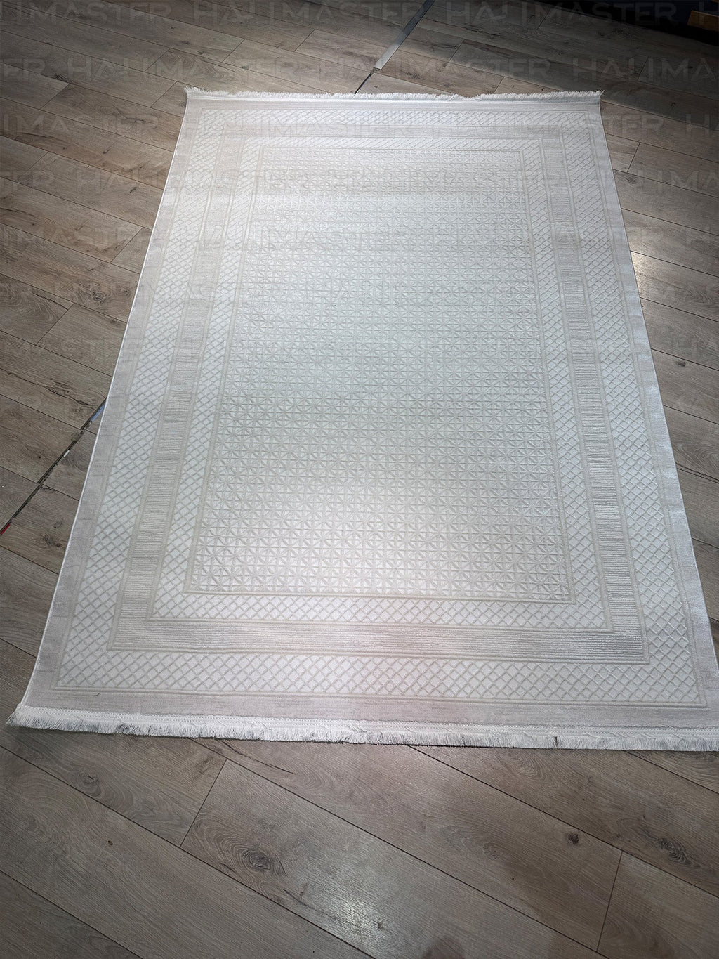 Modern Geometrik Desenli Saçaklı Salon Halısı - Ekru / Krem