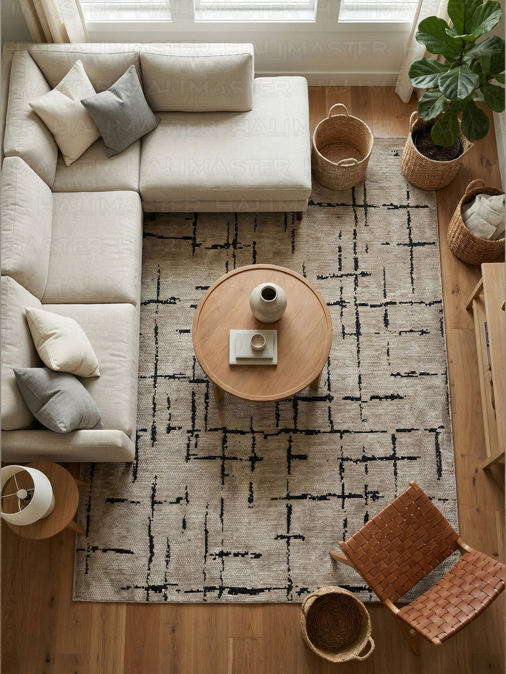 Kilim Siyah Çizgili Modern Açık Kahve Bej - Salon Halısı ve Yolluk Özel Ölçü