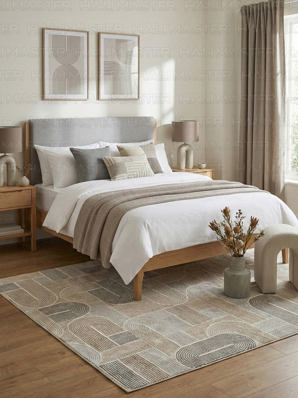 Dinarsu Minimalist U-Line Desenli Kahve - Bej  Vizon Kaymaz Taban Modern Halı