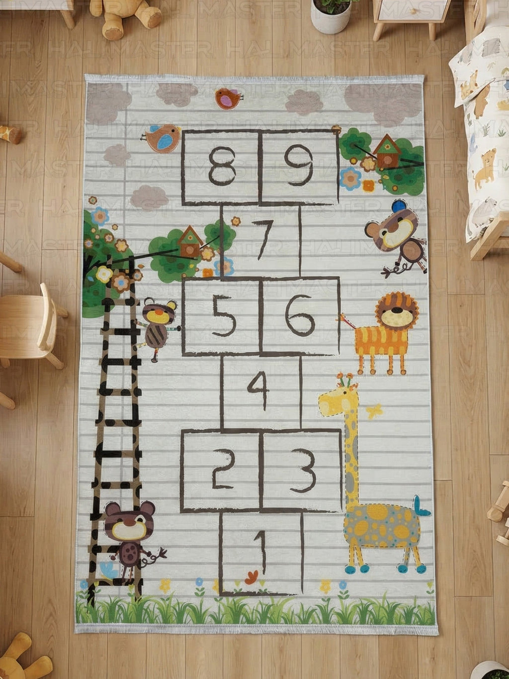 Eğitici Seksek Oyun Halısı - Hayvan Figürlü Çocuk ve Bebek Odası Halısı