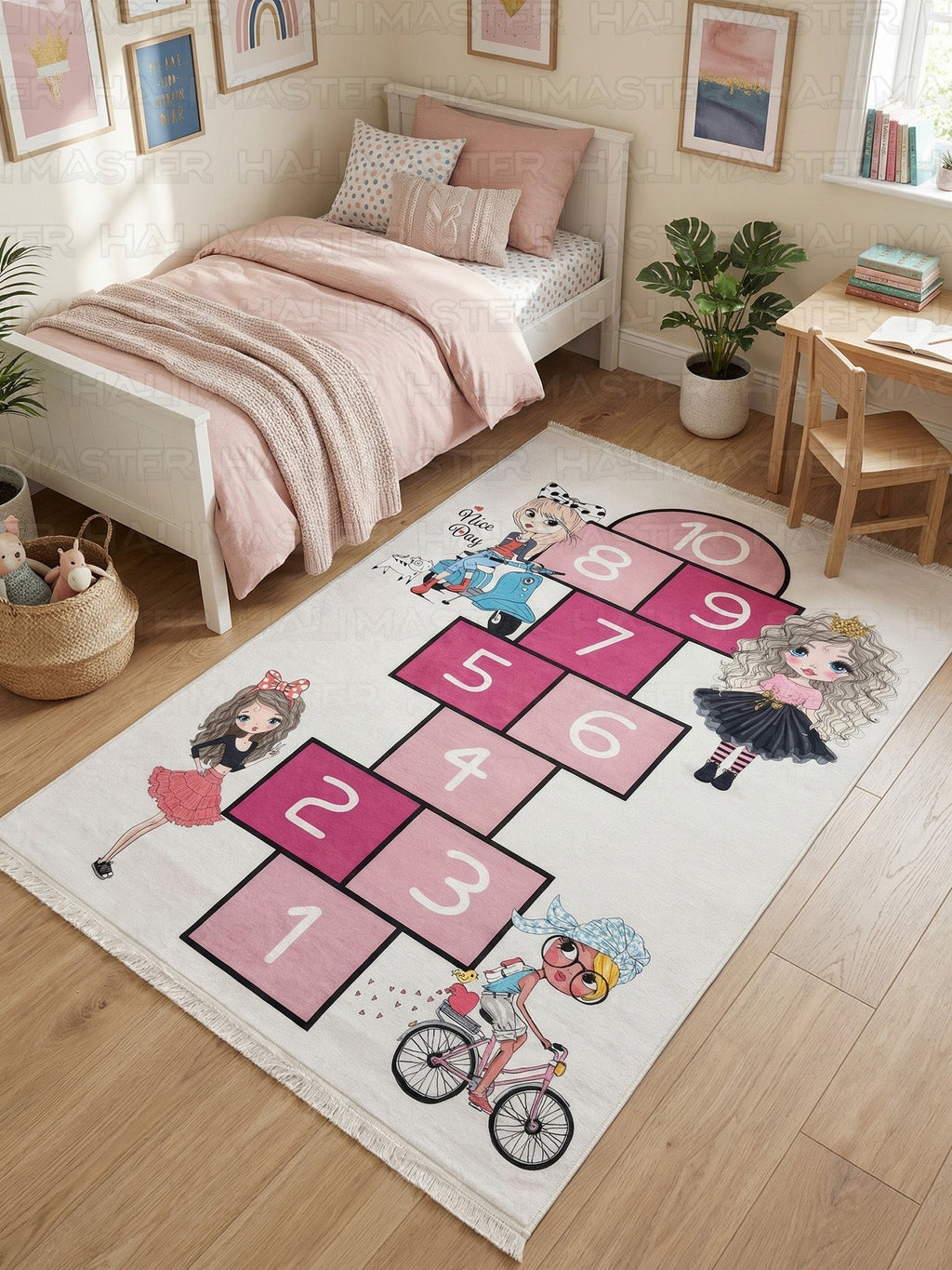 Modern Figürlü Kız Çocuk Odası Halısı - 1-10 Sayılı Eğitici Seksek Halı Modeli