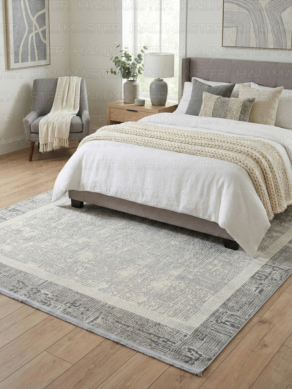 Gri Gümüş Greks Desenli Modern Salon Halısı - Saçaklı Eskitme Desen Lüks Halı