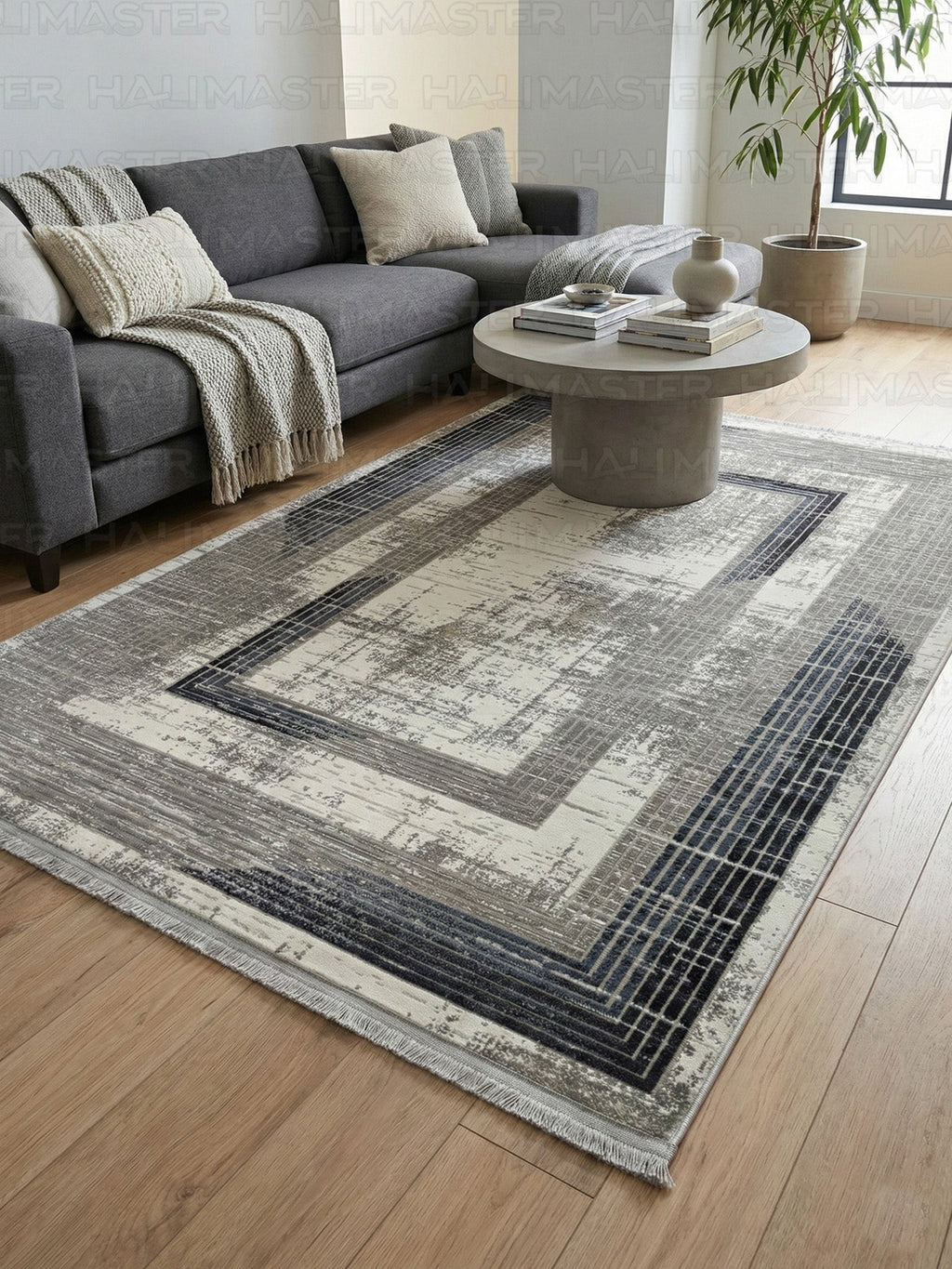 Modern Geometrik Desenli Gri Lacivert Salon Halısı - Soyut Tasarım Antrasit Halı
