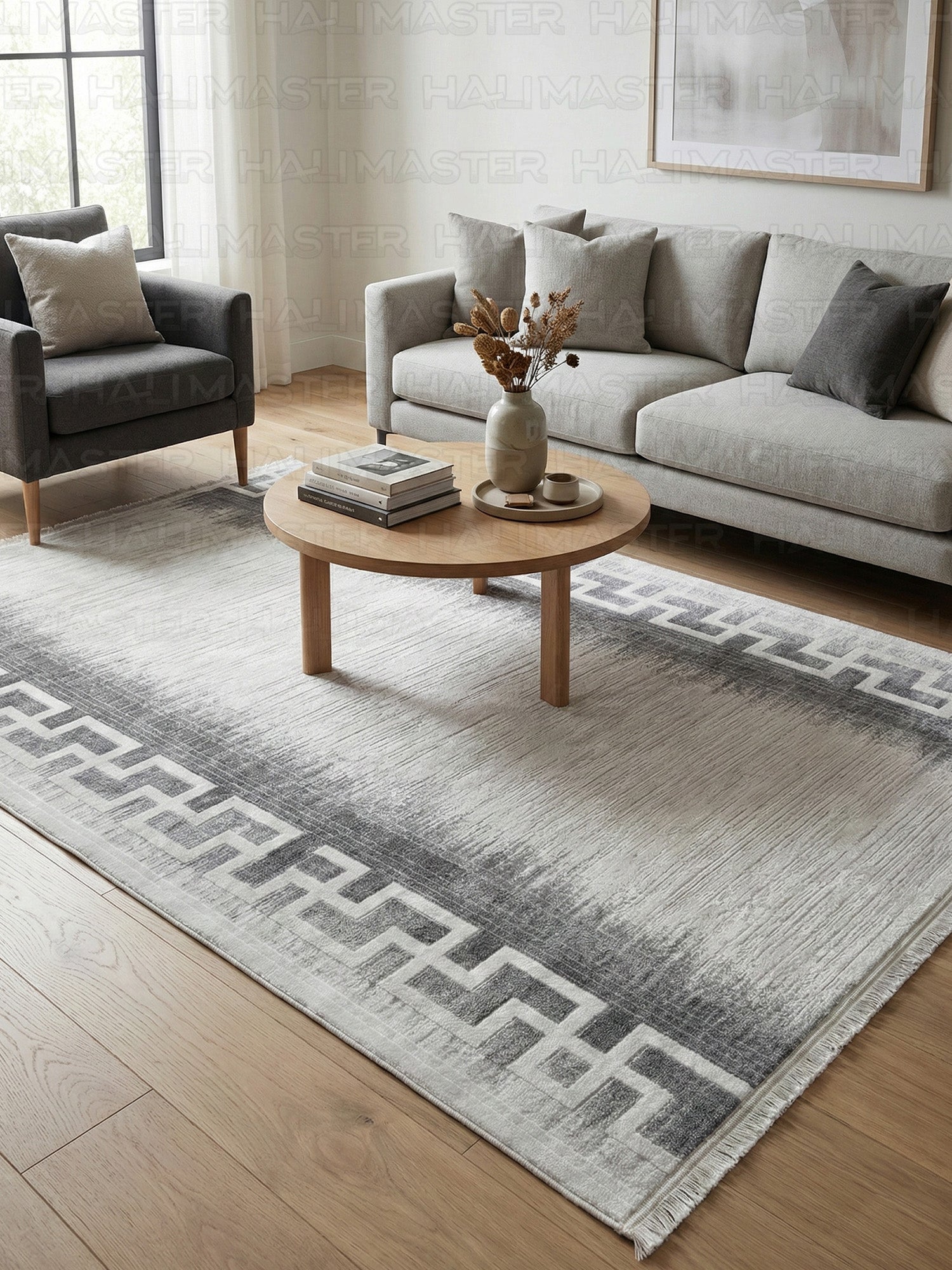 Kumru Grek Desenli Modern Halı - Eskitme Geçişli Antrasit ve Gri Özel Ölçü Halı