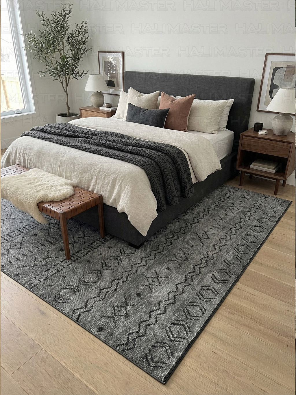 Kilim Etnik Desenli Antrasit Siyah Modern Halı & Yolluk - Özel Ölçü Seçeneği