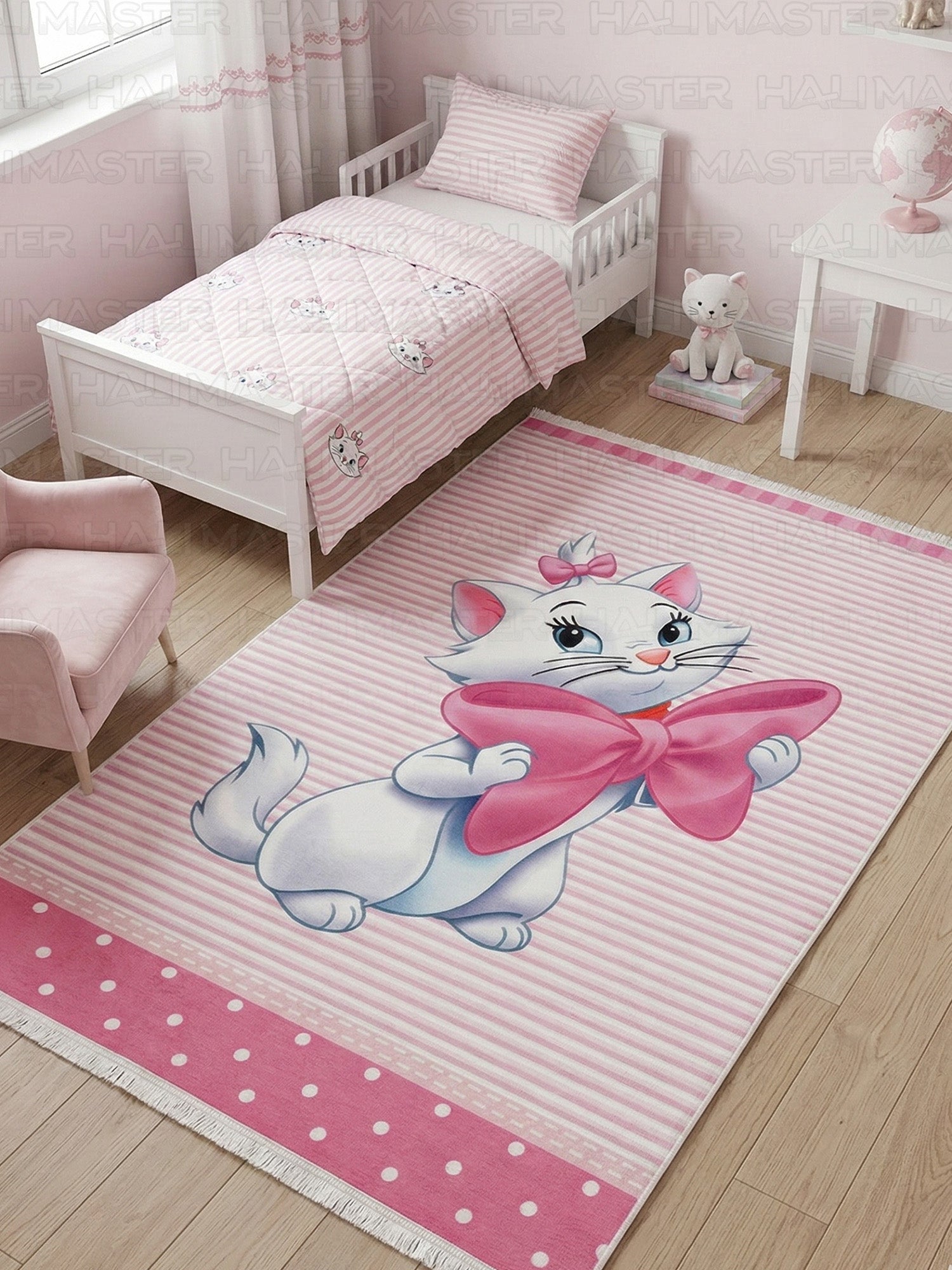 Marie Kedi Karakterli Pembe Çizgili Çocuk ve Bebek Odası Halısı - Kaymaz Taban