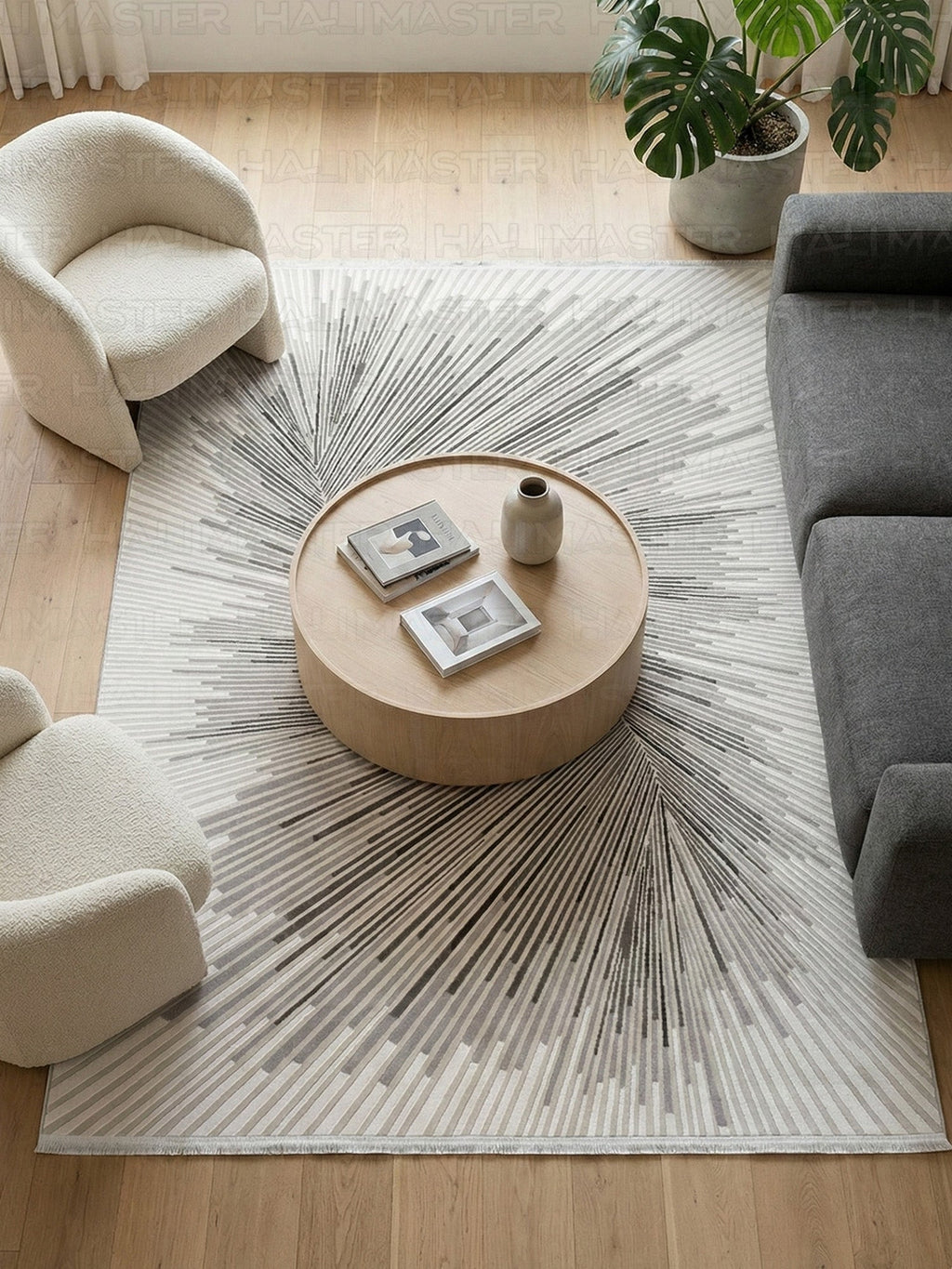 Modern Geometrik Çizgili Gri Beyaz Salon Halısı - Saçaklı Tasarım