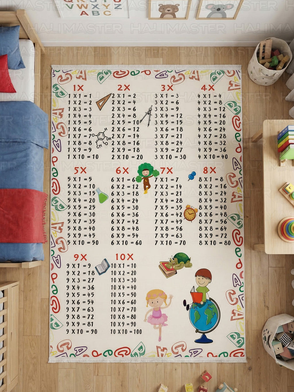Eğitici Çarpım Tablosu Desenli Çocuk ve Bebek Odası Halısı - Kaymaz Tabanlı  Oyun Halısı