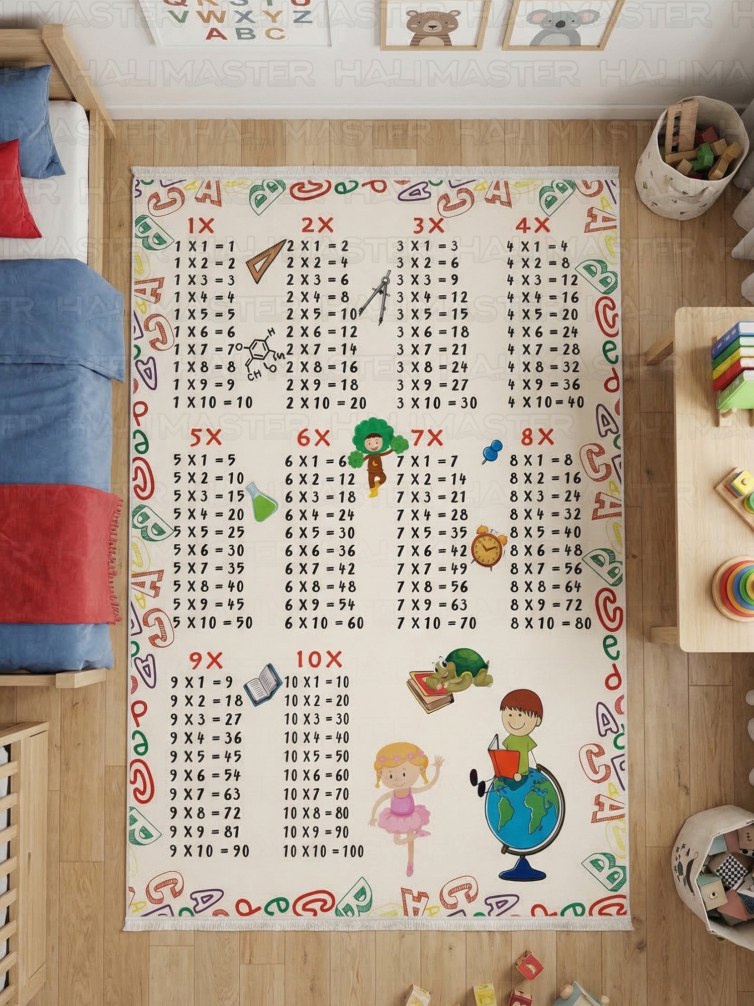 Eğitici Çarpım Tablosu Desenli Çocuk ve Bebek Odası Halısı - Kaymaz Tabanlı  Oyun Halısı