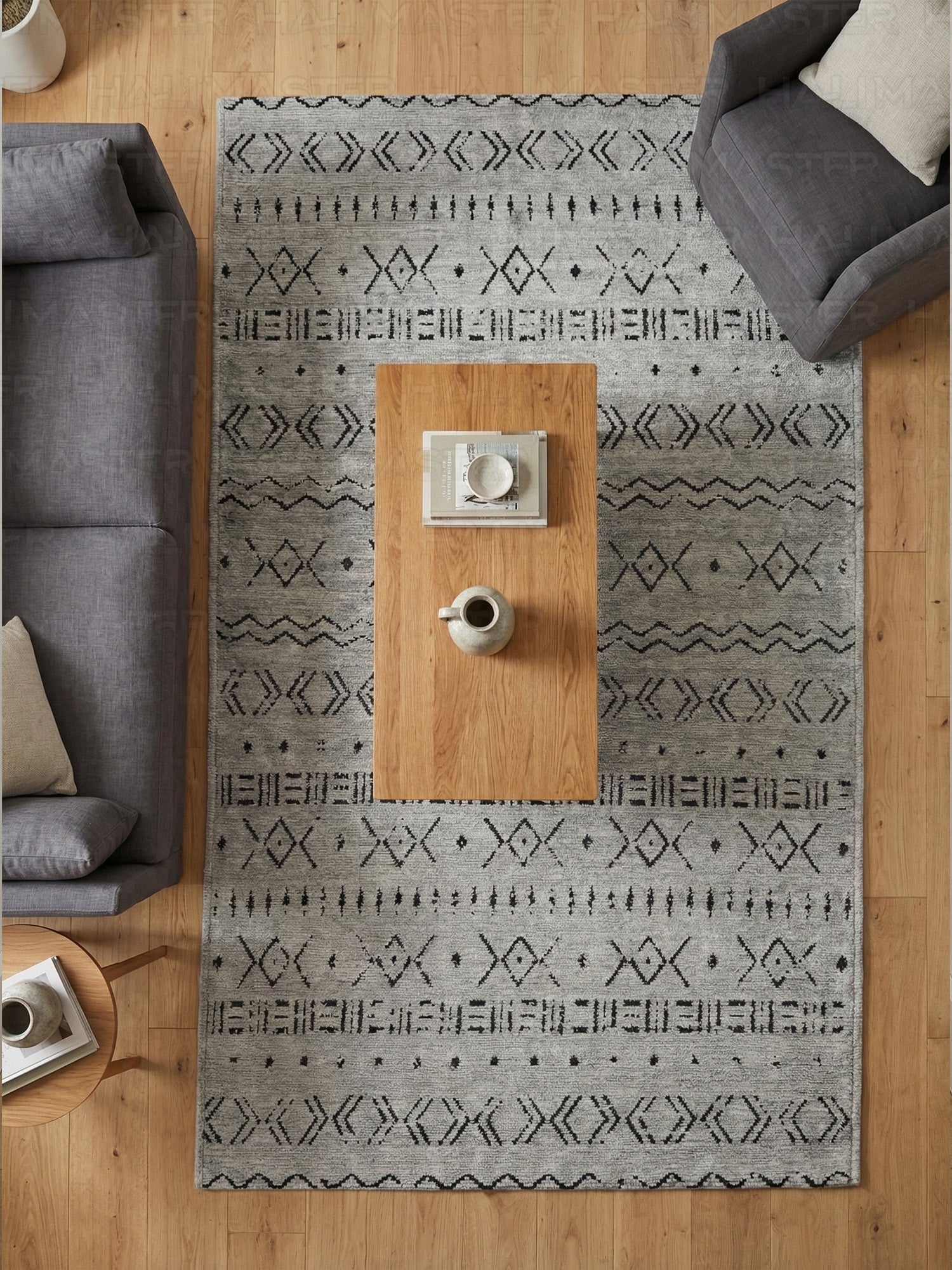 Kilim Etnik Desenli Gri Siyah Modern Halı & Yolluk - Özel Ölçü Seçeneği