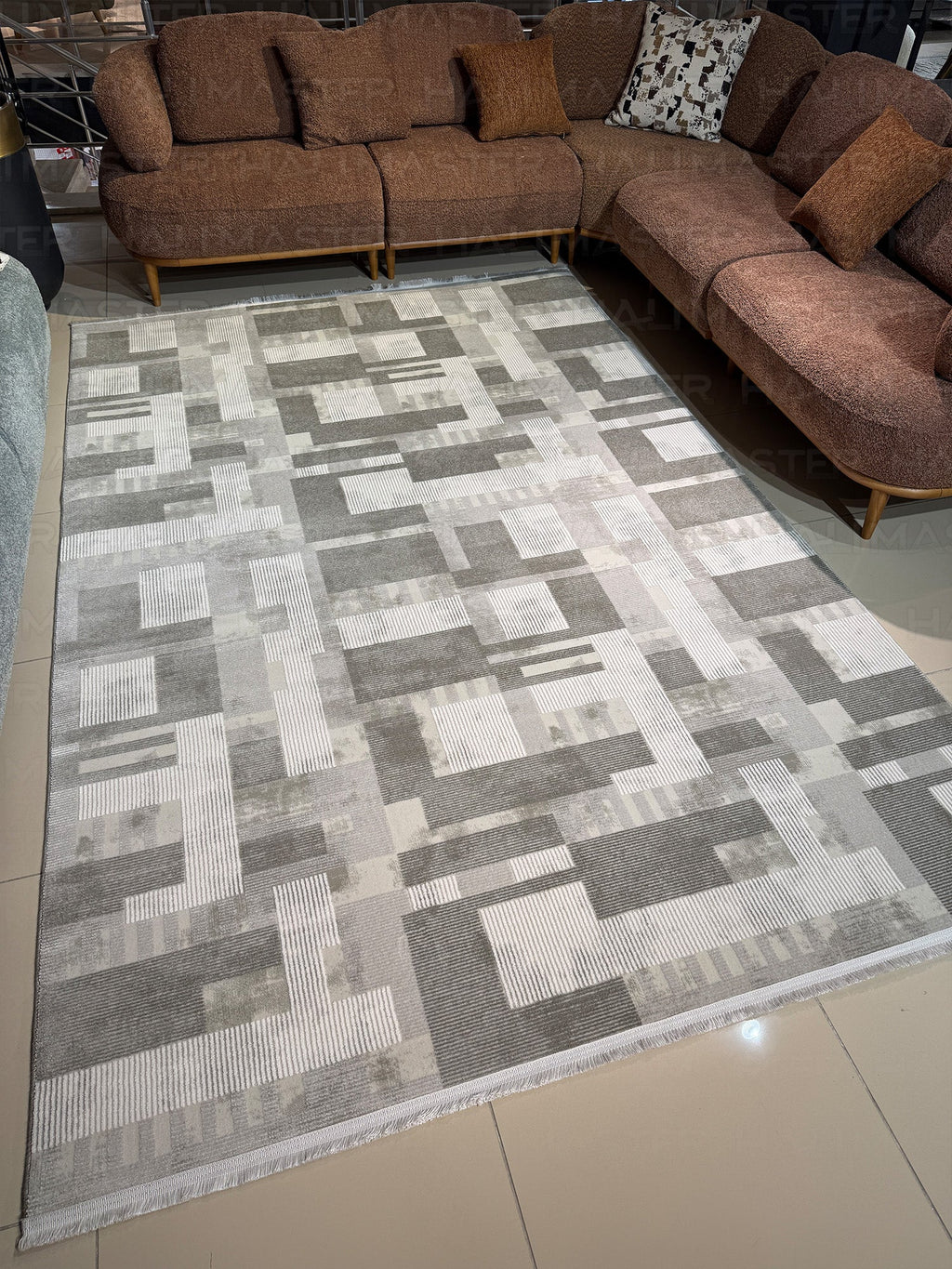 Modern Geometrik Desenli Salon Halısı - Gri ve Beyaz Tonları