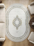 Oval Saçaklı Klasik Desenli Halı - Beyaz Gri ve Gold  Eskitme Detaylı Salon Halısı