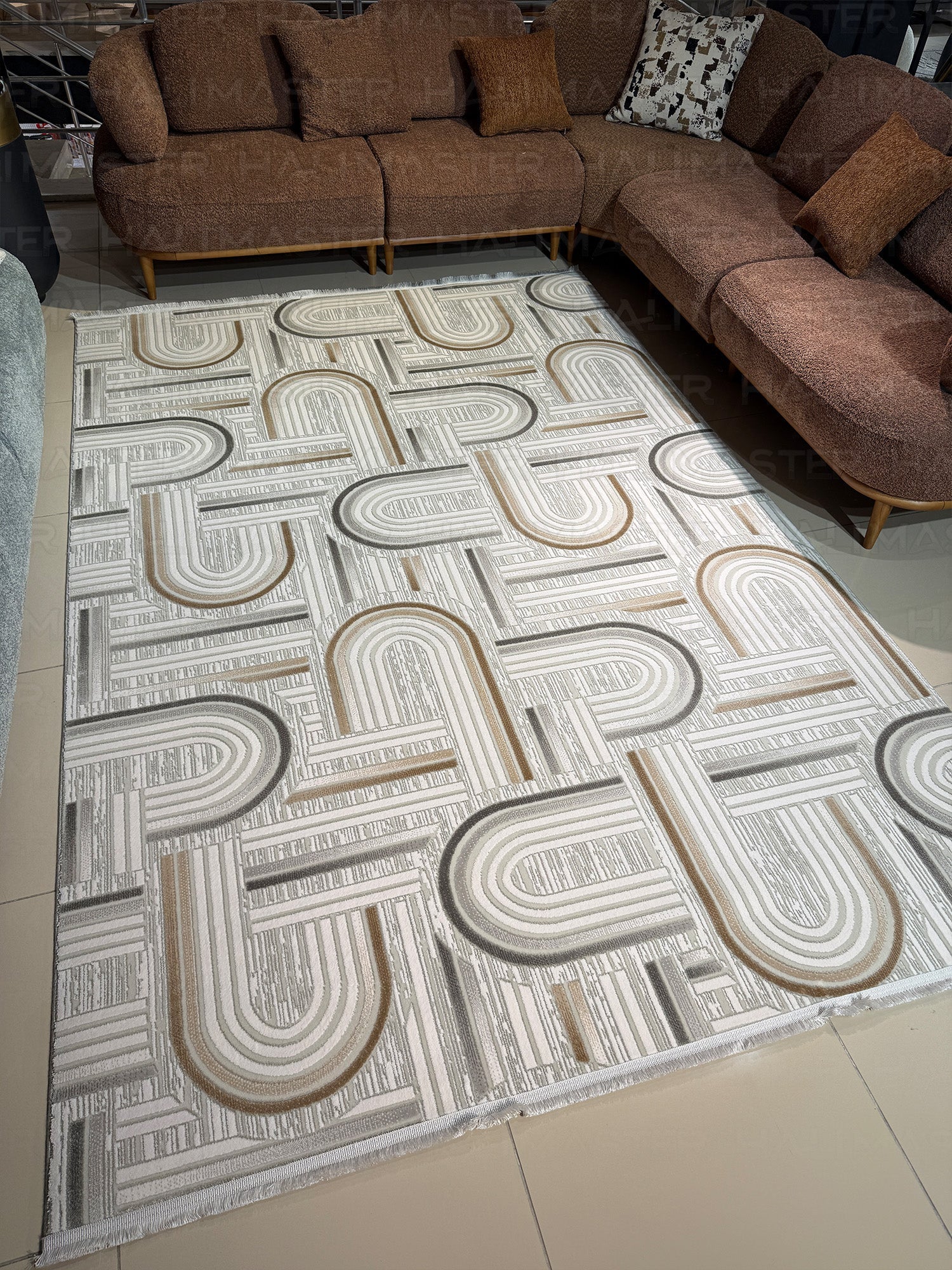 Modern Geometrik Kemer Desenli Salon Halısı - Krem Kahve Vizon