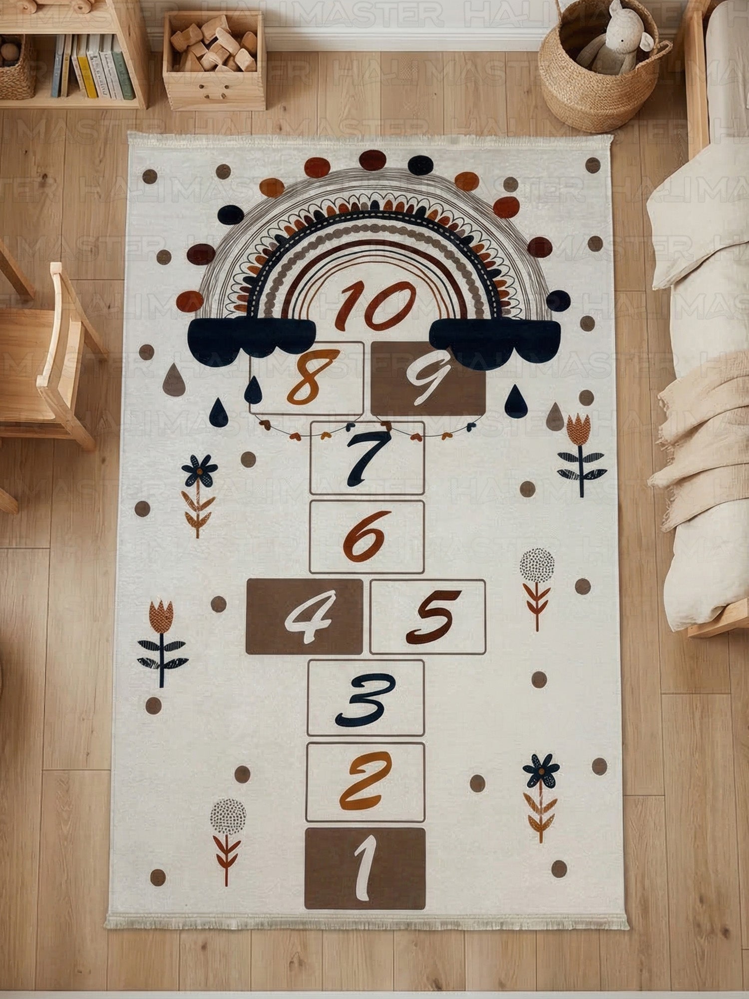 Boho Gökkuşağı ve Seksek Desenli Çocuk Odası Halısı - Eğitici ve Kaymaz Tabanlı Oyun Halısı