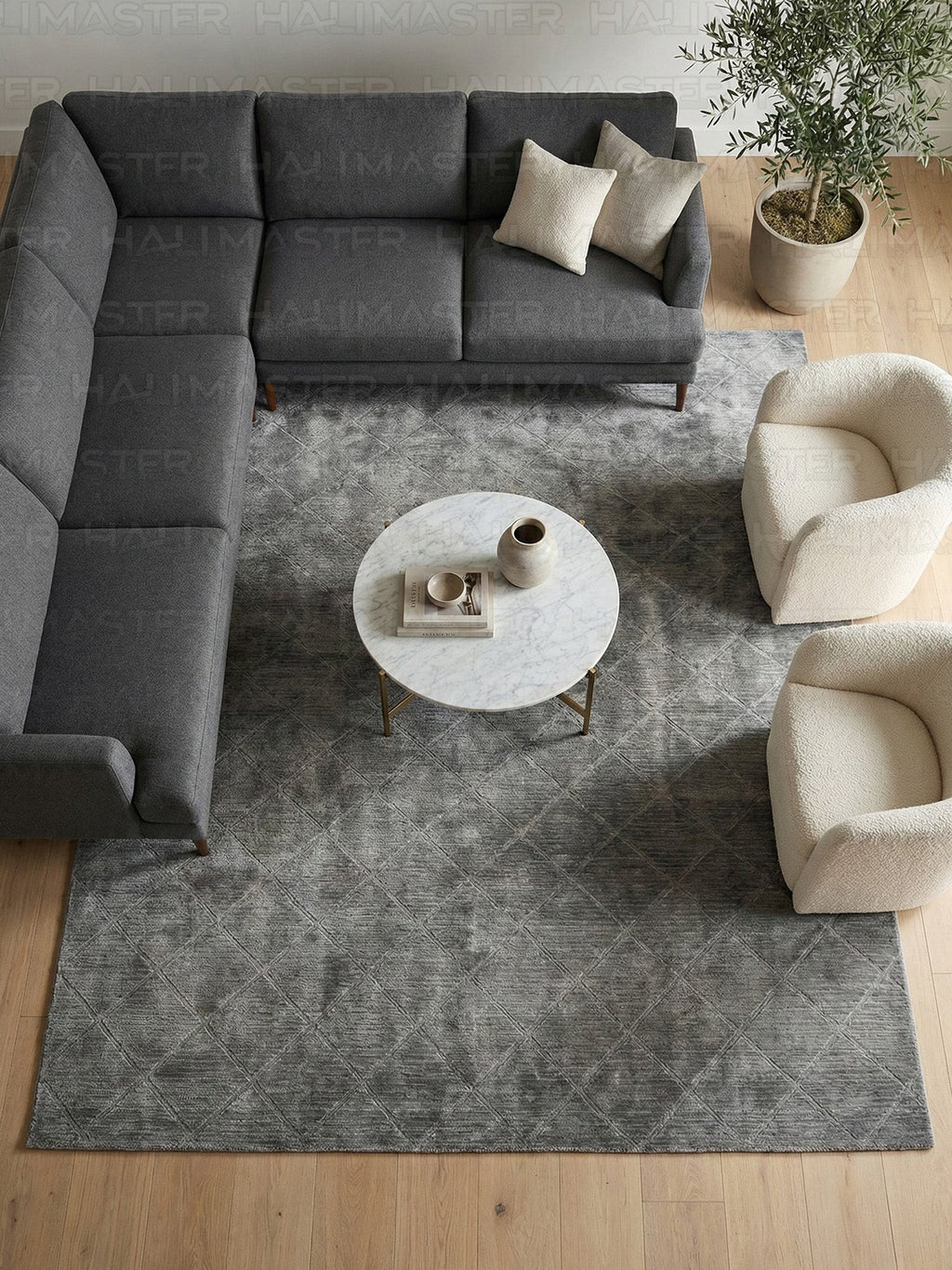 Bambu Antrasit Geometrik Desenli Kaymaz Taban Halı - Özel Ölçü Kesme Yolluk