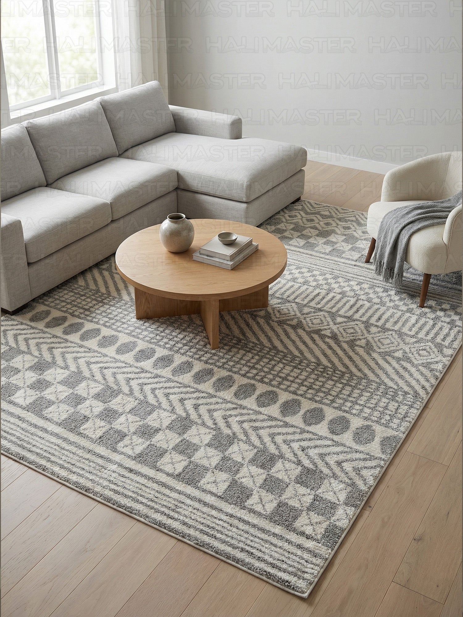 Dekoratif Boho İskandinav Tarzı Modern Salon ve Koridor Halısı - Gri/Ekru