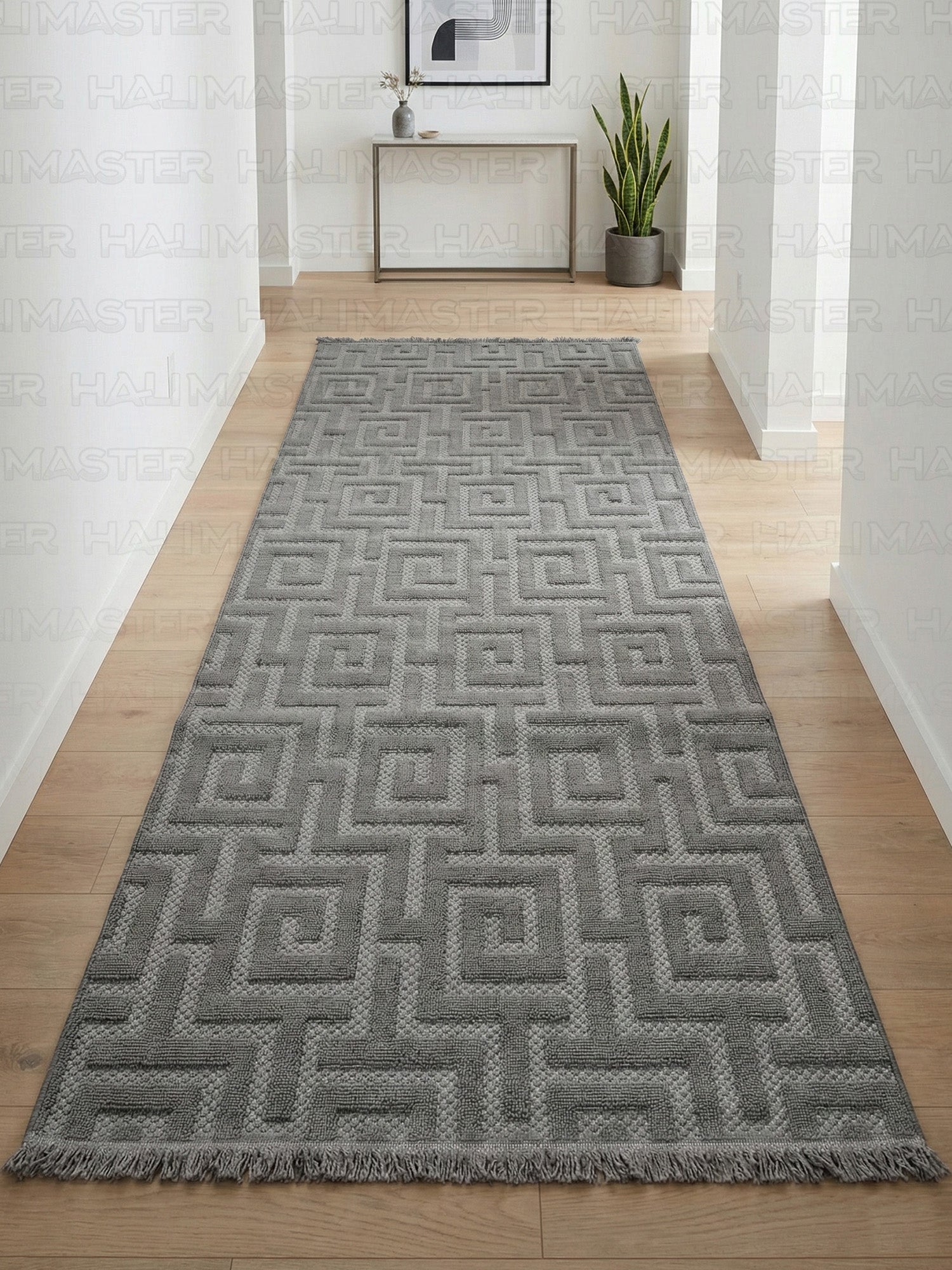 Dekoratif Antrasit Geometrik Desenli Kabartmalı Modern Halı - Saçaklı ve Özel Ölçü