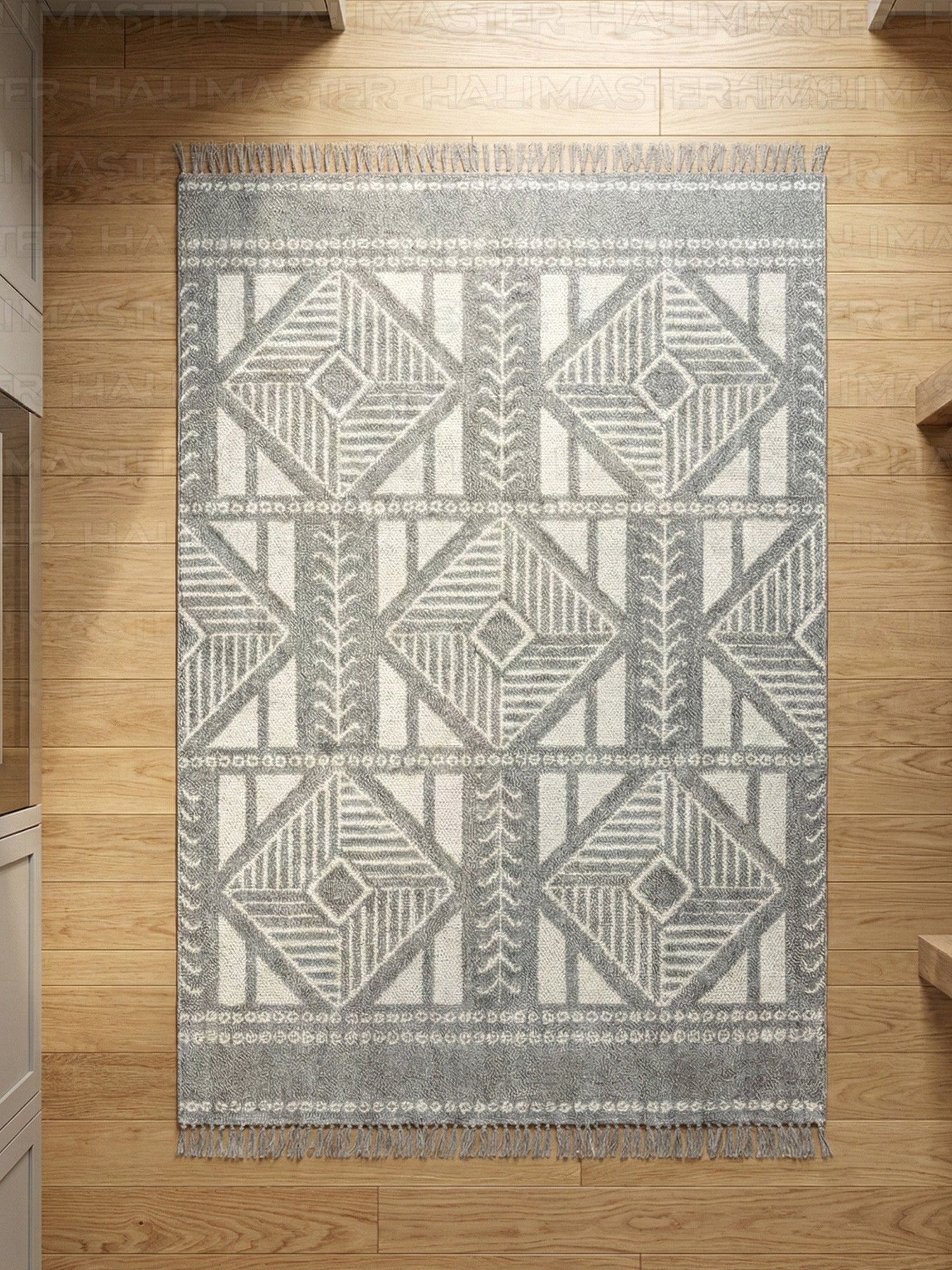 Gri Beyaz Geometrik Desenli Modern Salon Halısı - Saçaklı Dekoratif Halı (4 Metrekare)