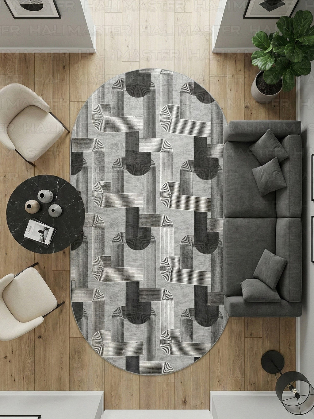 Jel Modern Geometrik Desenli Gri Siyah Özel Ölçü Kesilebilir Kesme Halı