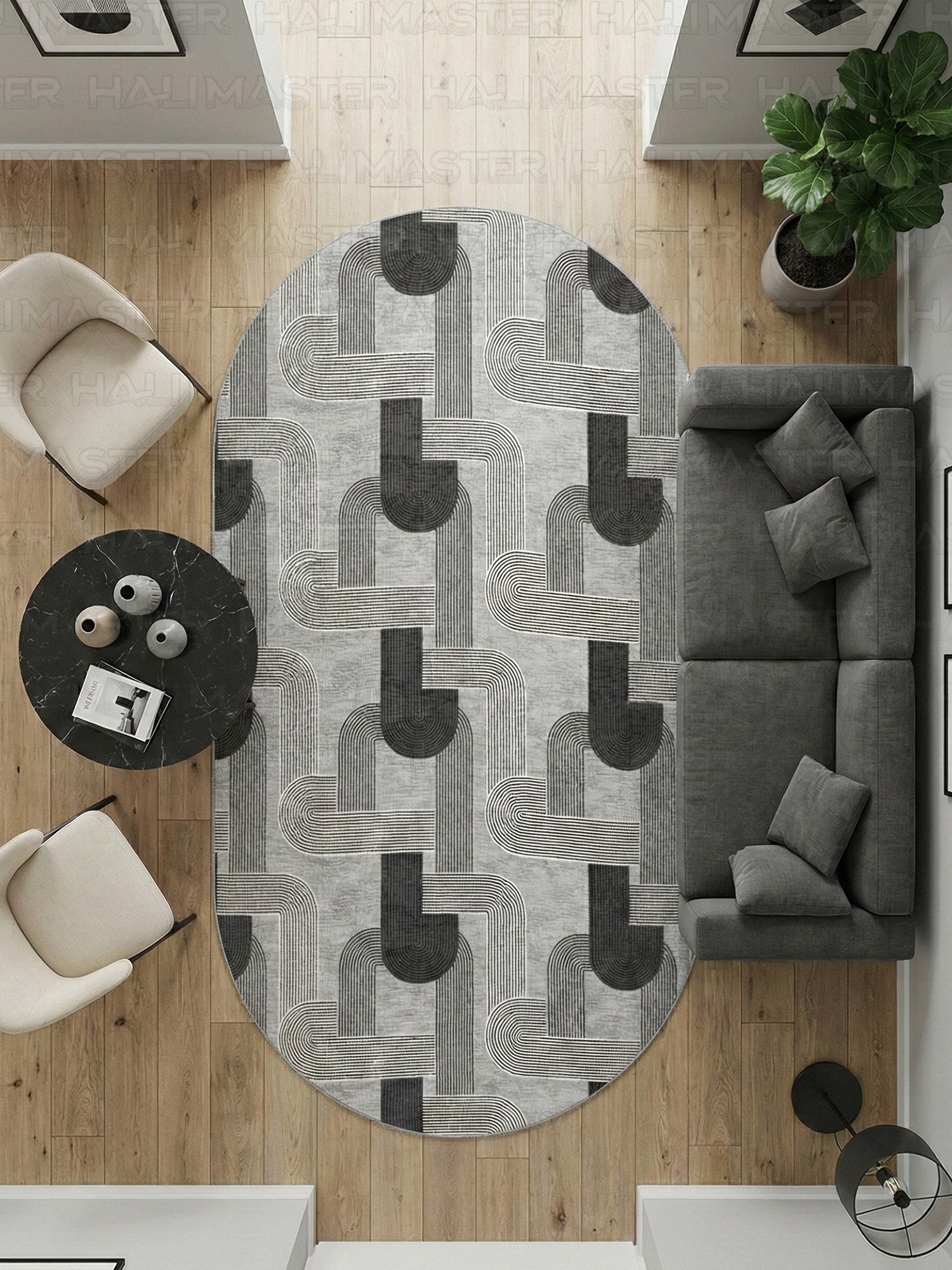 Jel Modern Geometrik Desenli Gri Siyah Özel Ölçü Kesilebilir Kesme Halı
