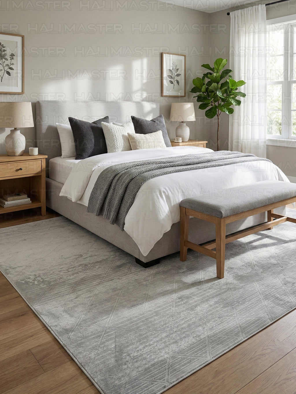 Bambu Gri Modern Geometrik Kaymaz Taban Özel Ölçü Kesilebilir Halı Yolluk