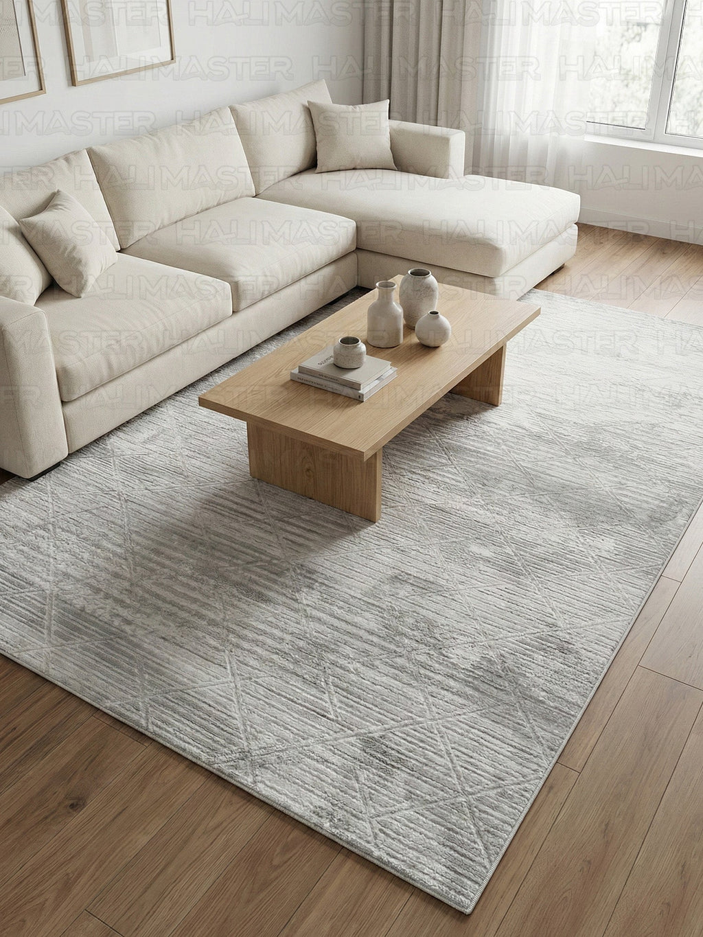 Bambu Gri Modern Geometrik Kaymaz Taban Özel Ölçü Kesilebilir Halı Yolluk