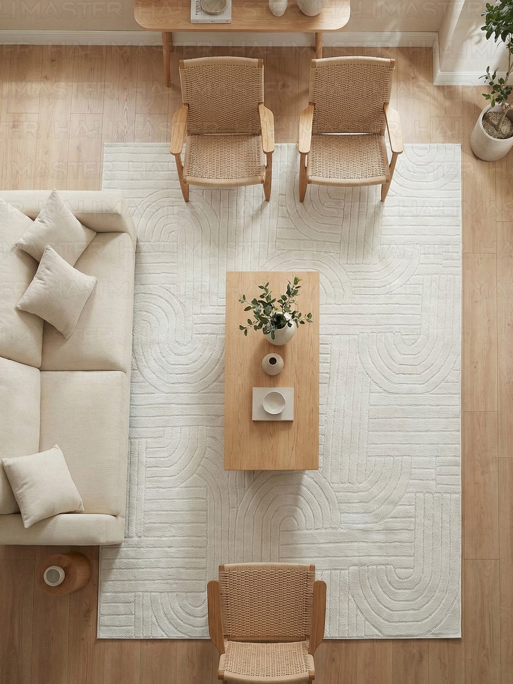 Dekoratif Krem Kabartma Desenli Modern Salon & Yolluk Halı