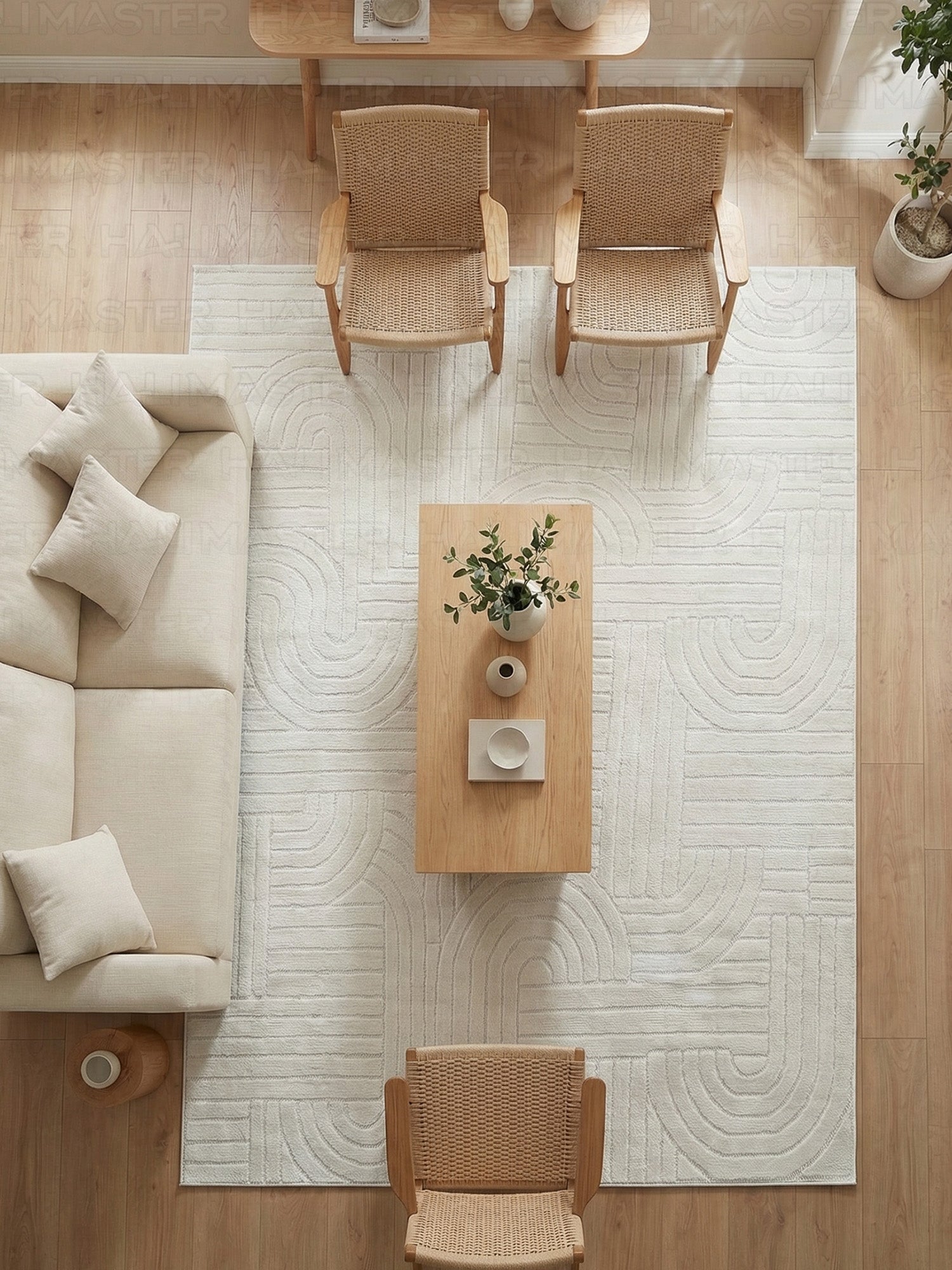 Dekoratif Krem Kabartma Desenli Modern Salon & Yolluk Halı