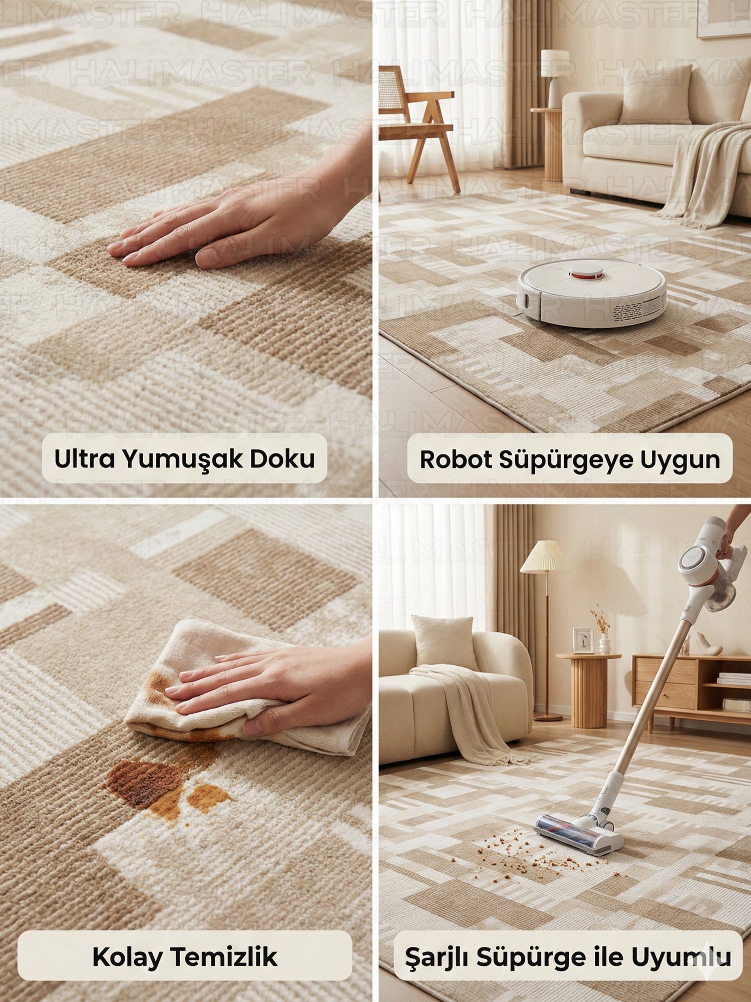 Modern Geometrik Desenli Salon Halısı - Bej ve Kahve Tonları