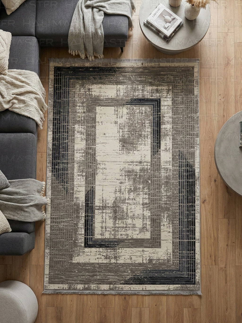 Modern Geometrik Desenli Gri Lacivert Salon Halısı - Soyut Tasarım Antrasit Halı