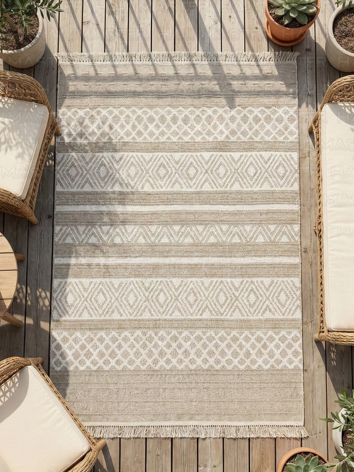 Modern Geometrik Desenli Krem Kahve Dekoratif Salon ve Oturma Odası Halısı - 4m² - Saçaklı