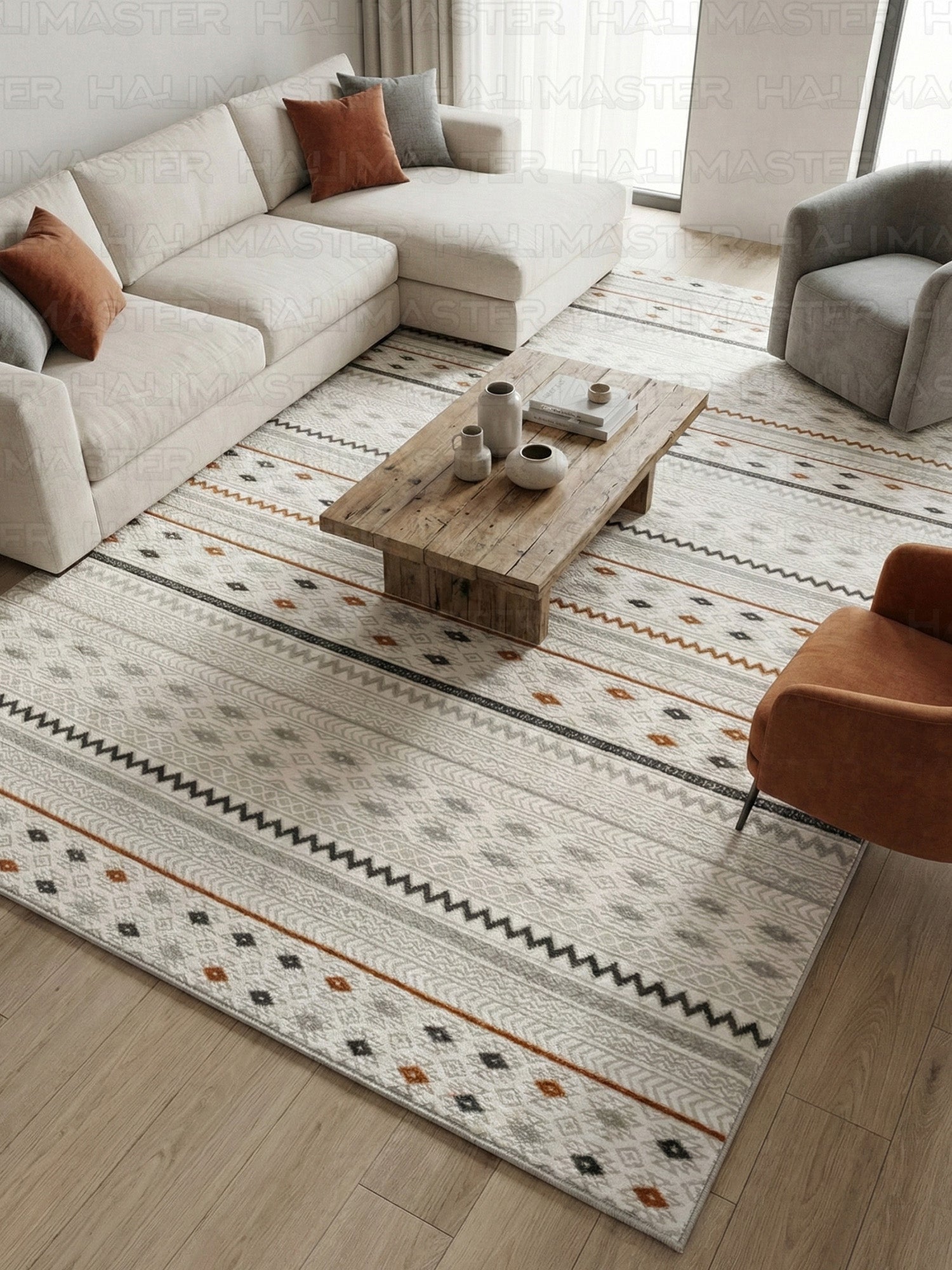 Neva Özel Ölçü Geometrik Desenli Halı - Krem Zemin Üzerine Gri ve Kiremit Renkli Modern Etnik Koridor Halısı