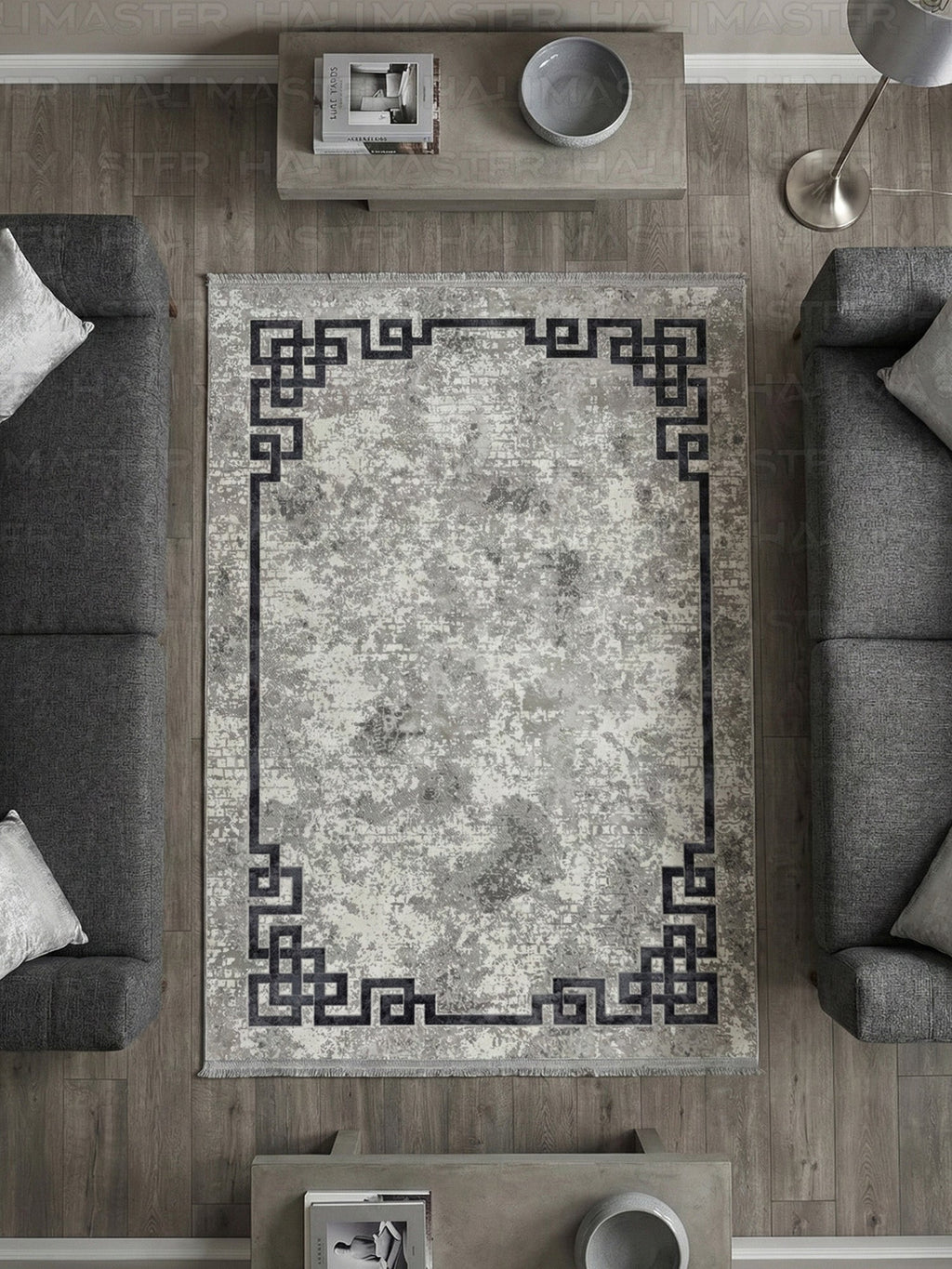 Modern Gri Eskitme Desenli Salon Halısı - Geometrik Bordürlü Şık Tasarım