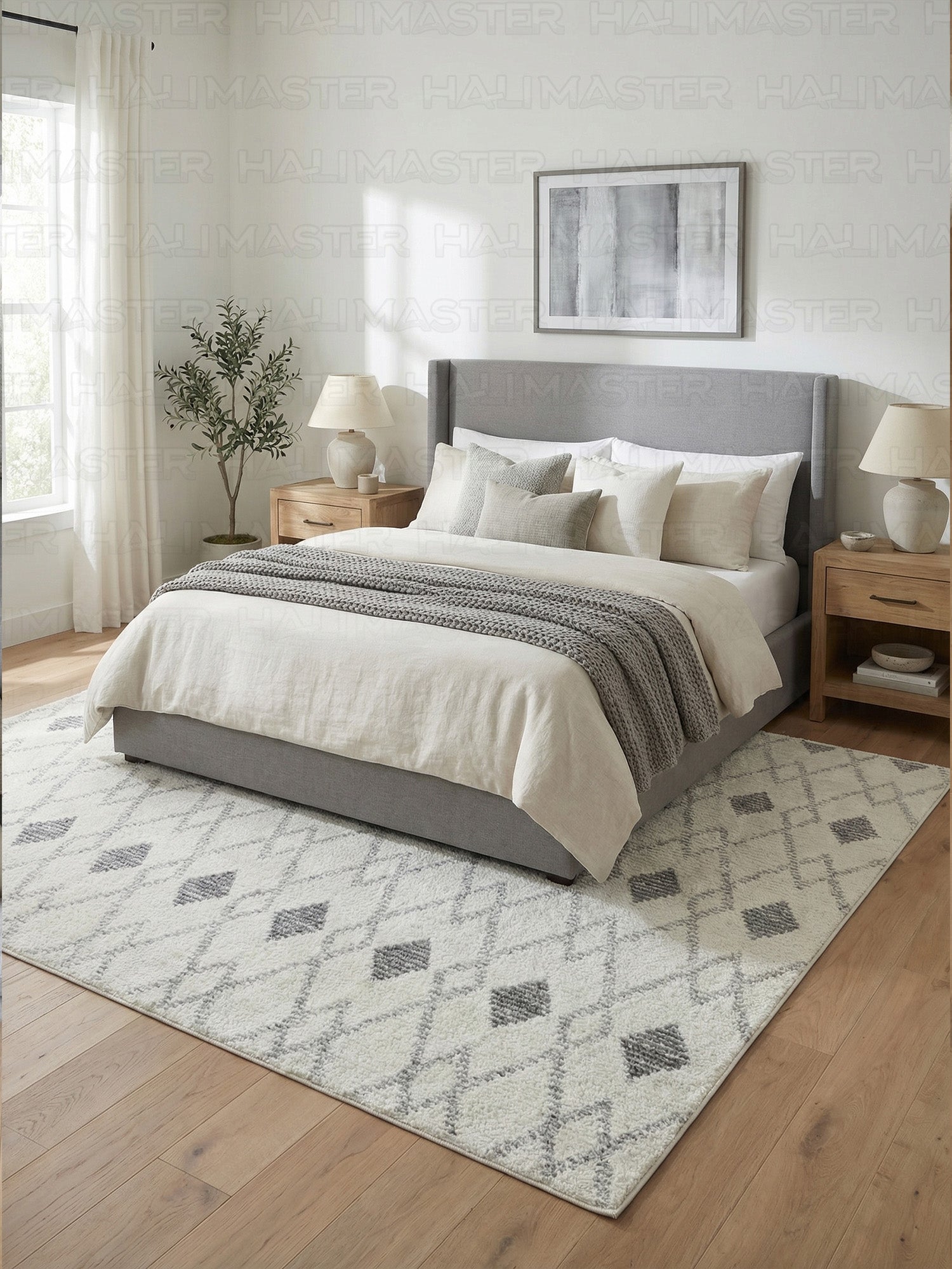 Dekoratif Modern Geometrik Desenli Yolluk - Gri Krem Baklava Desenli Halı - Özel Ölçü