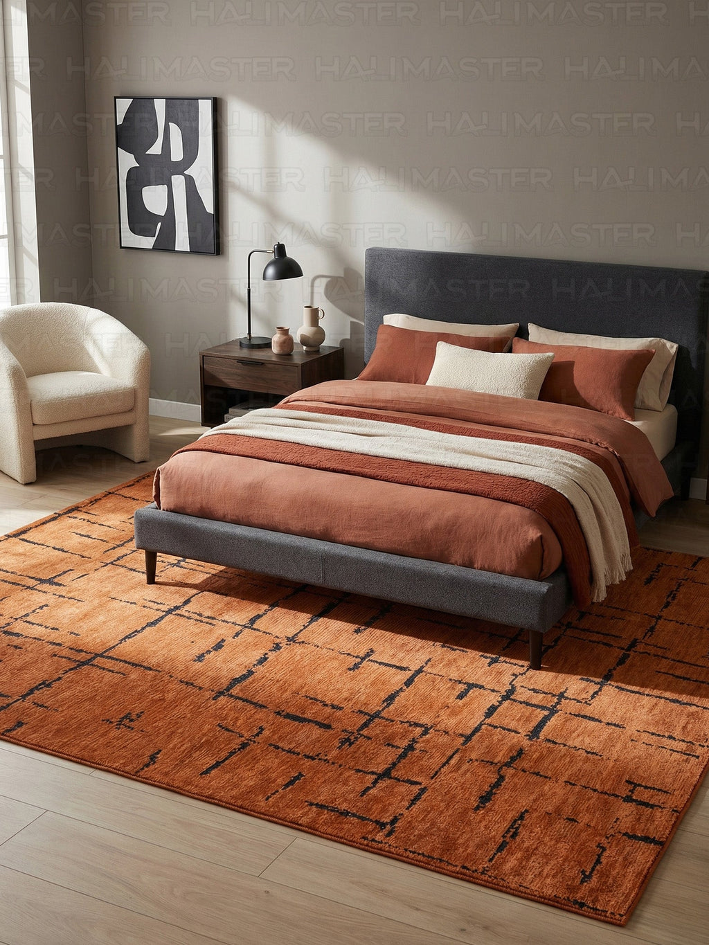 Kilim Siyah Çizgili Modern Kiremit Turuncu Salon Halısı ve Yolluk Özel Ölçü