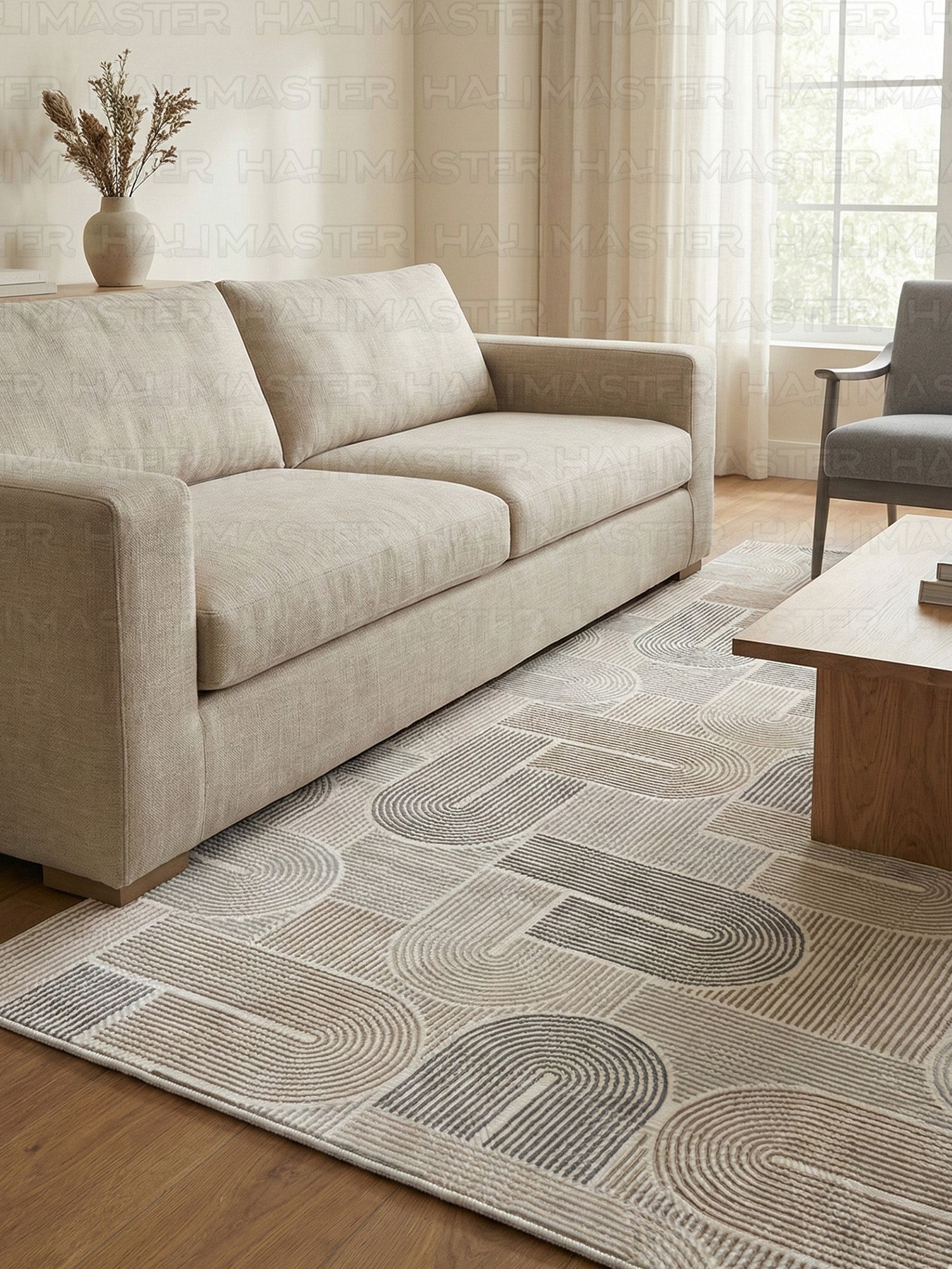 Dinarsu Minimalist U-Line Desenli Kahve - Bej  Vizon Kaymaz Taban Modern Halı