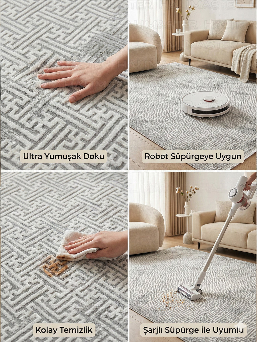 Modern Geometrik Desenli Antrasit Gri Salon Halısı - Eskitme Vintage Serisi