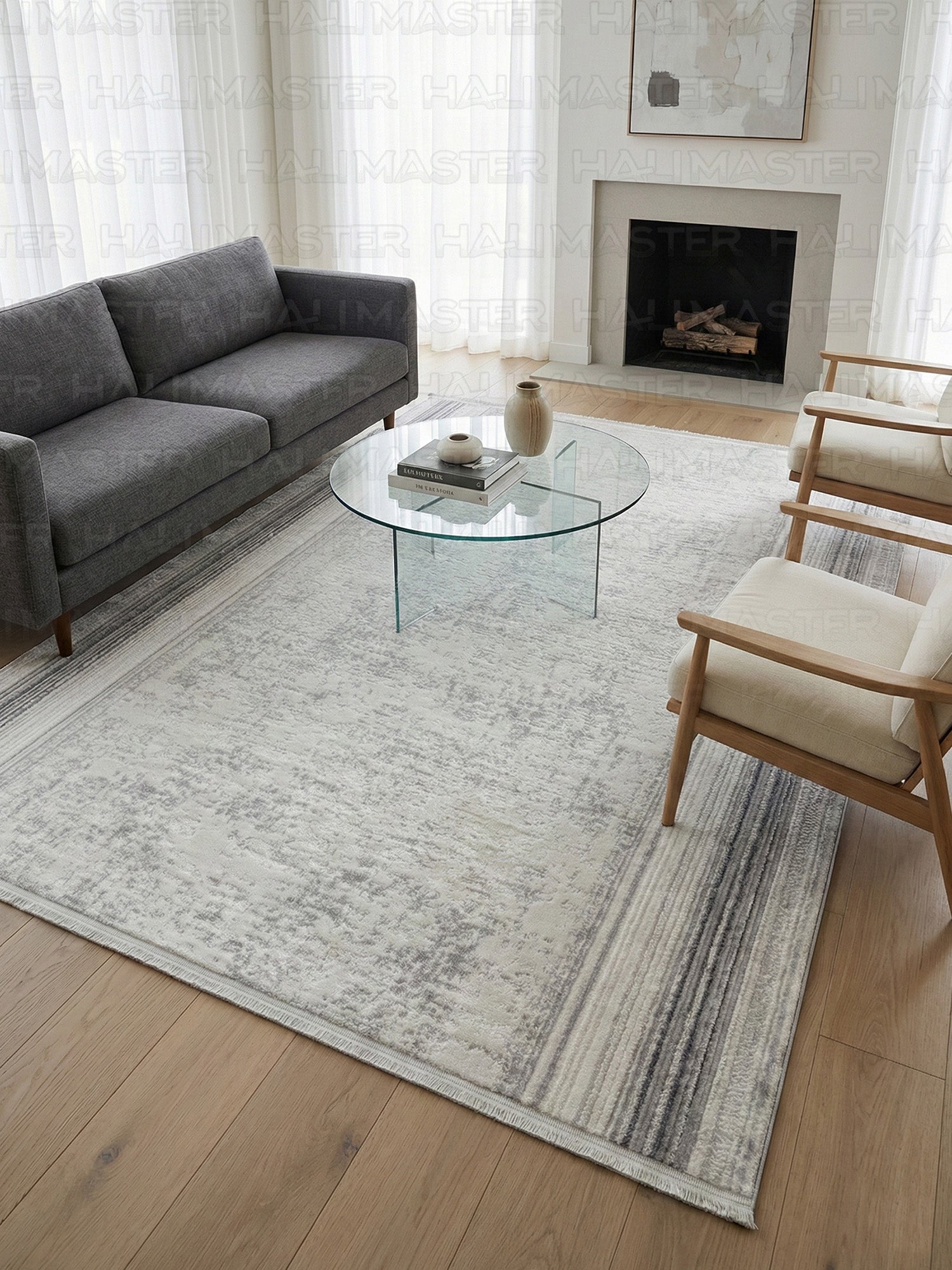 Kumru Minimalist Çizgili Bordürlü Eskitme Görünümlü Gri Kesme Halı