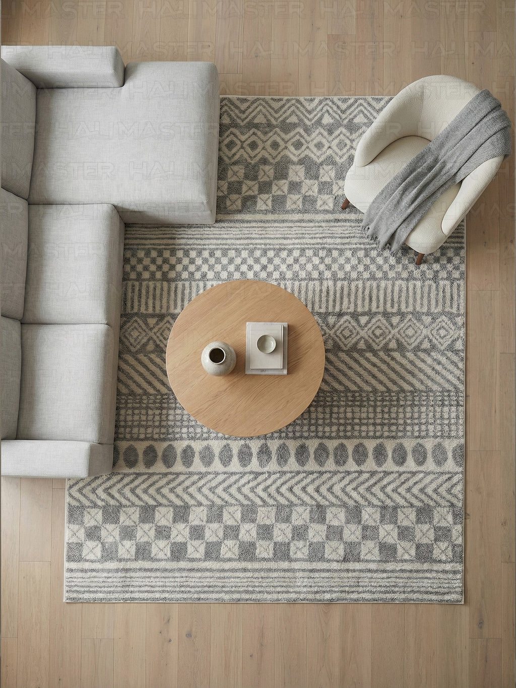 Dekoratif Boho İskandinav Tarzı Modern Salon ve Koridor Halısı - Gri/Ekru