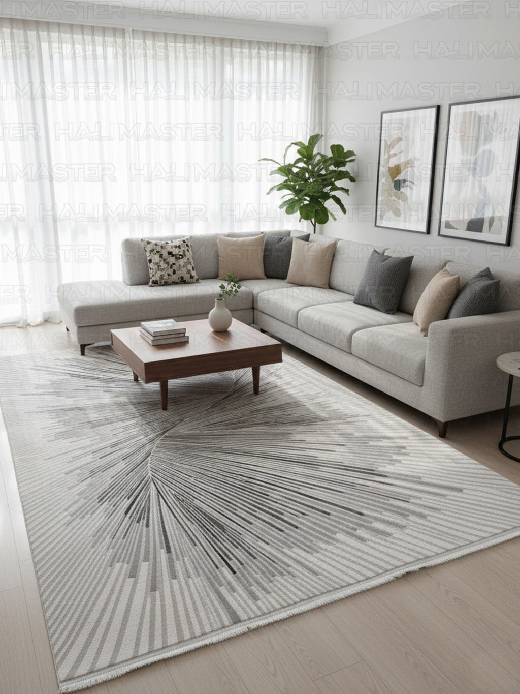 Modern Geometrik Çizgili Gri Beyaz Salon Halısı - Saçaklı Tasarım