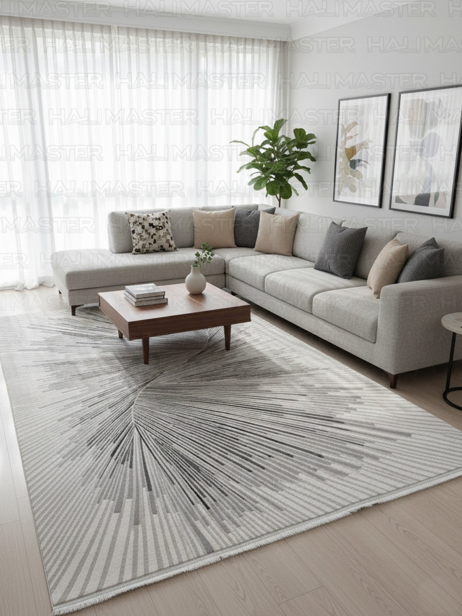 Modern Geometrik Çizgili Gri Beyaz Salon Halısı - Saçaklı Tasarım