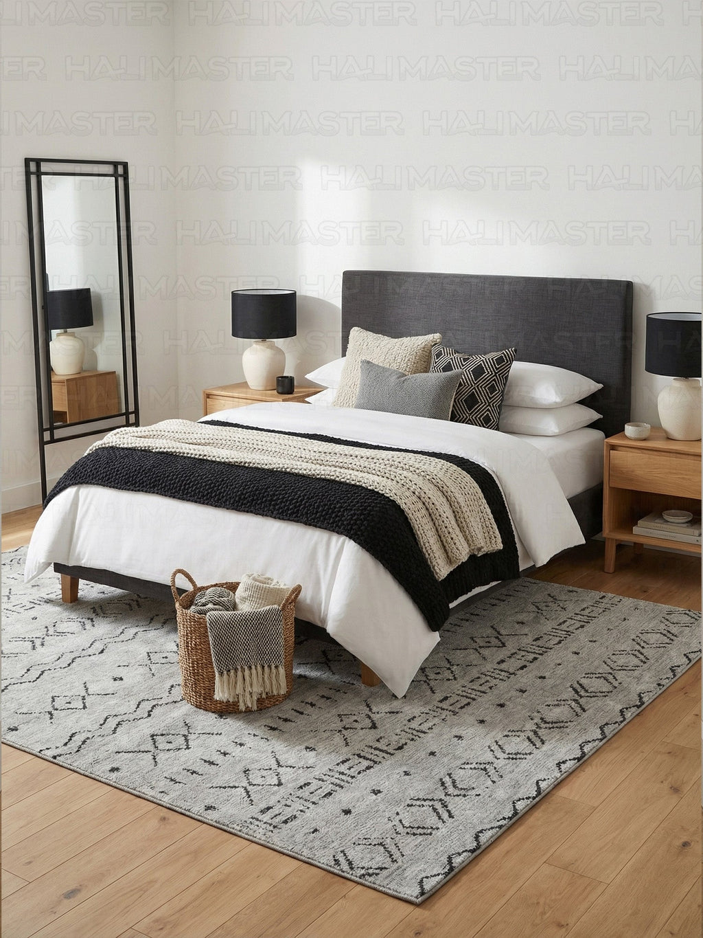Kilim Etnik Desenli Gri Siyah Modern Halı & Yolluk - Özel Ölçü Seçeneği