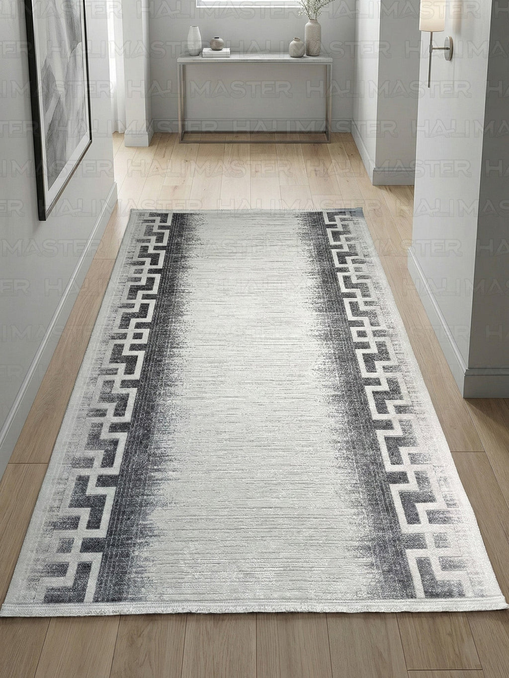 Kumru Grek Desenli Modern Halı - Eskitme Geçişli Antrasit ve Gri Özel Ölçü Halı
