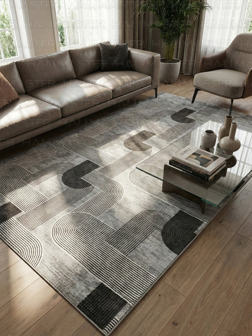 Jel Modern Geometrik Desenli Gri Siyah Özel Ölçü Kesilebilir Kesme Halı