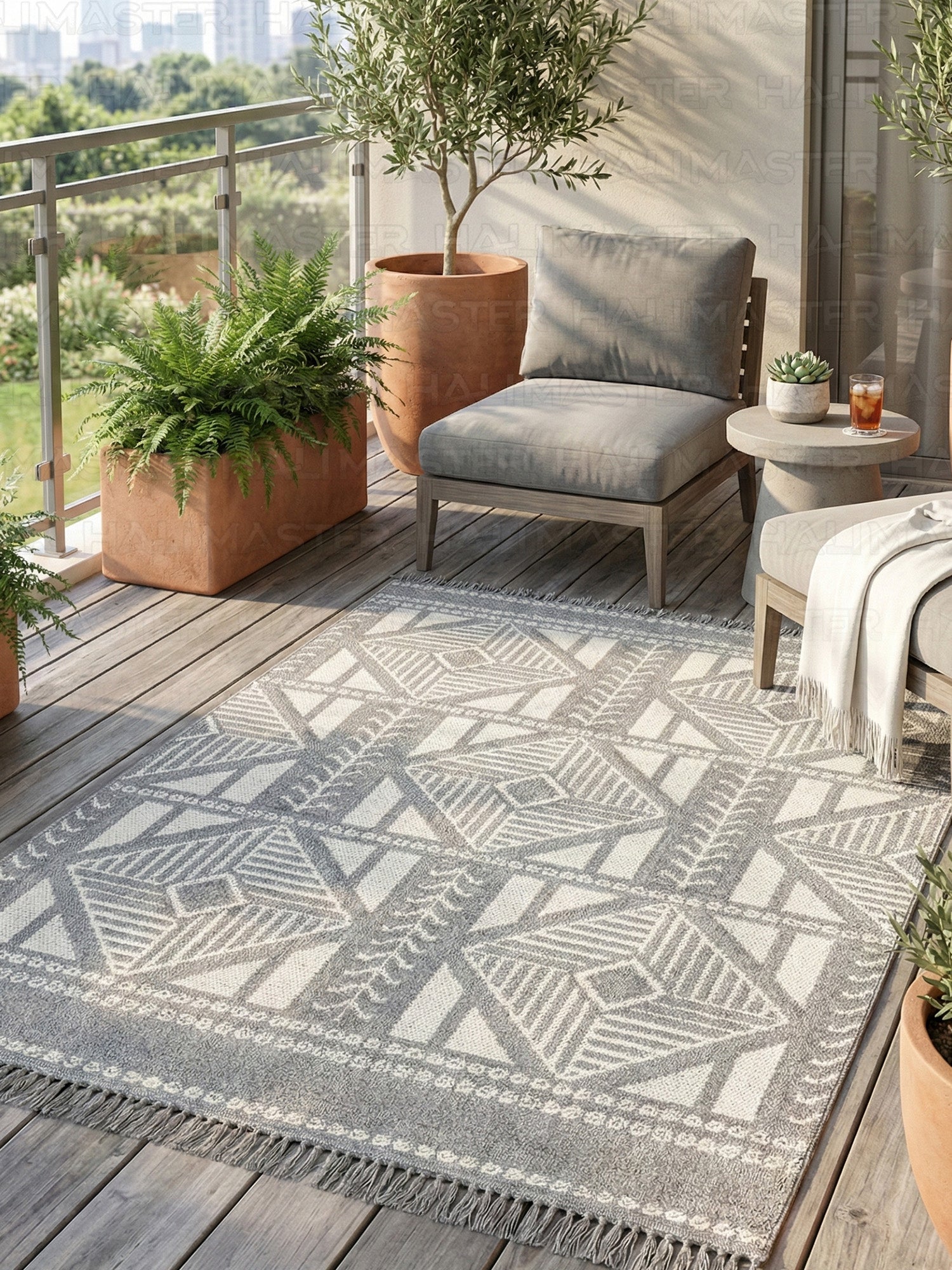 Gri Beyaz Geometrik Desenli Modern Salon Halısı - Saçaklı Dekoratif Halı (4 Metrekare)