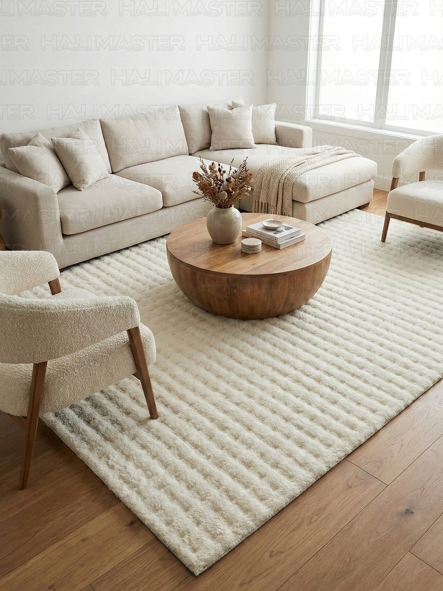 Krem Tavşan Tüyü Peluş Halı - Özel Ölçü Kaymaz Tabanlı 3D Kabartmalı Kesme Halı