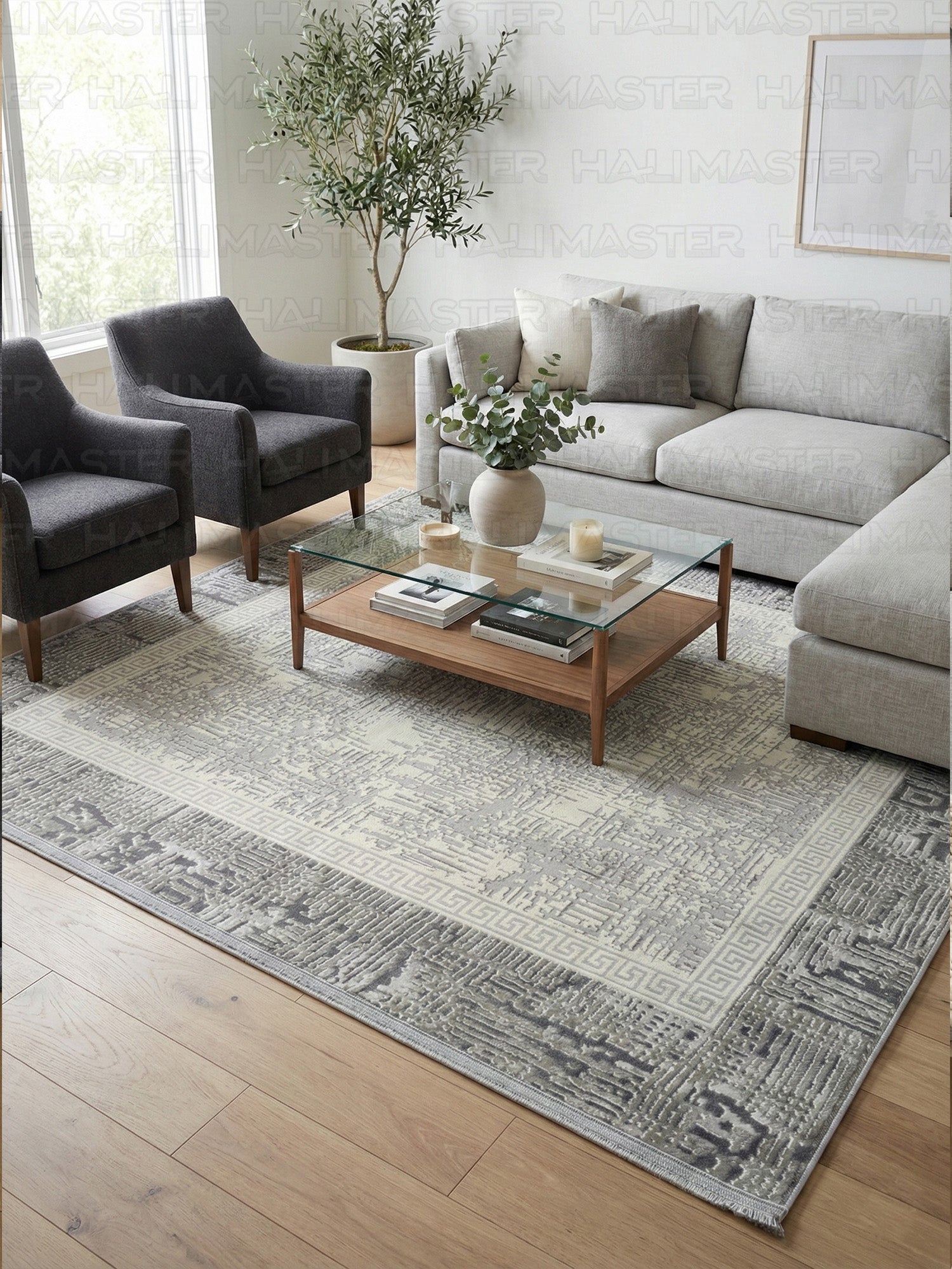 Gri Gümüş Greks Desenli Modern Salon Halısı - Saçaklı Eskitme Desen Lüks Halı