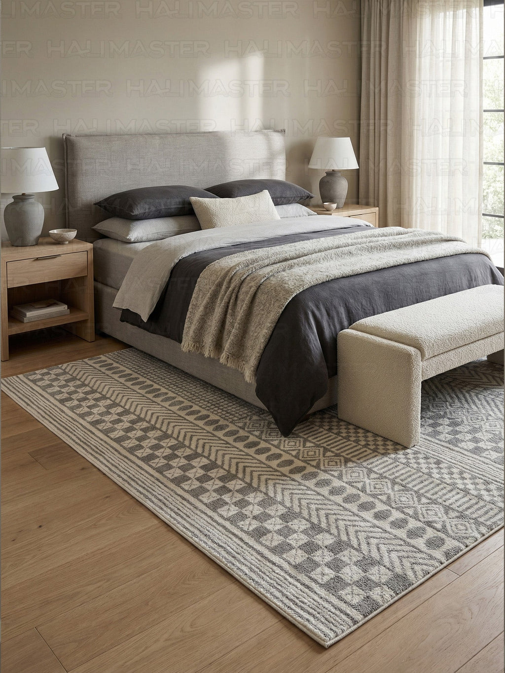 Dekoratif Boho İskandinav Tarzı Modern Salon ve Koridor Halısı - Gri/Ekru